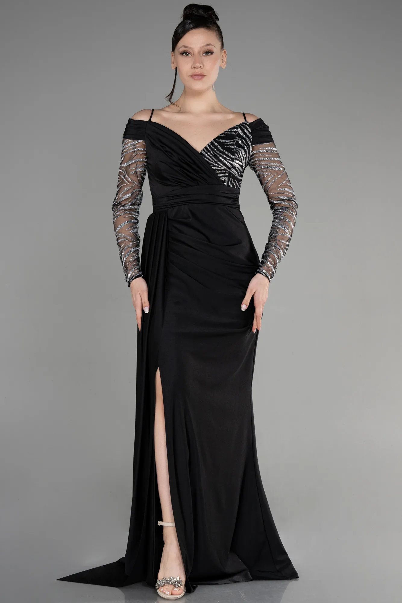 Black-Silver-Long Evening Dress ABU3656