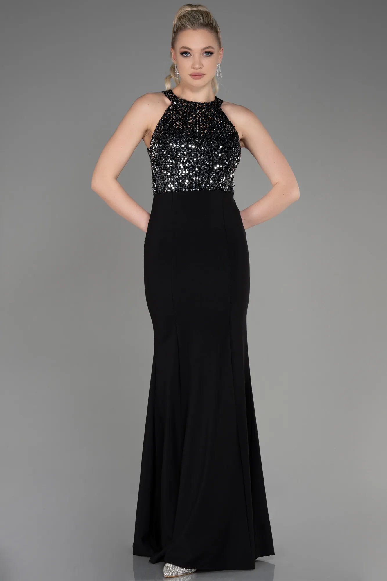 Black-Silver-Long Mermaid Evening Dress ABU608