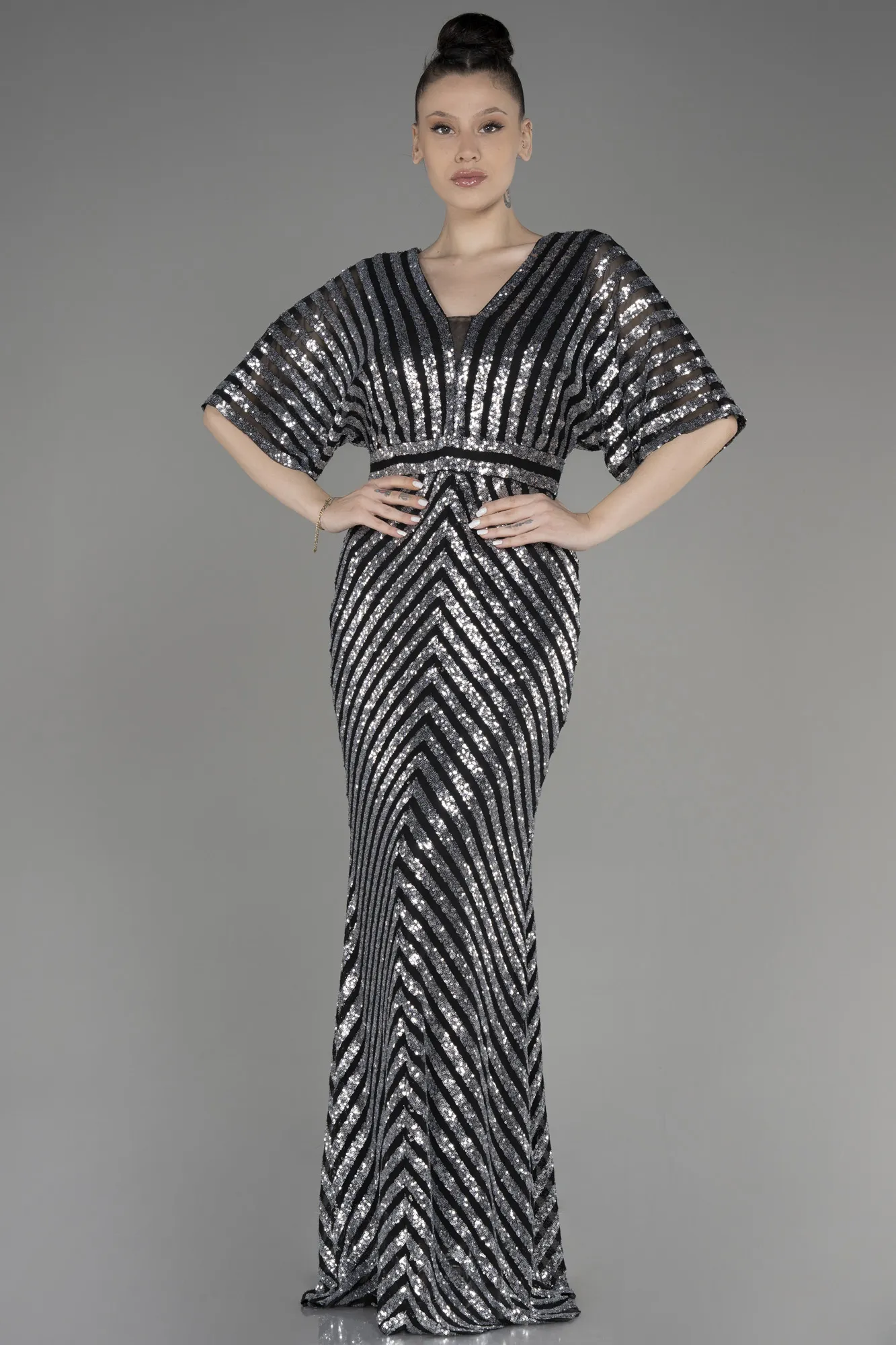 Black-Silver-Long Plus Size Evening Dress ABU2309