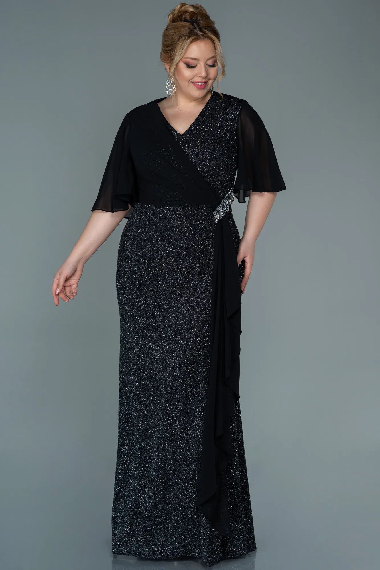 Black-Silver-Long Plus Size Evening Dress ABU2651