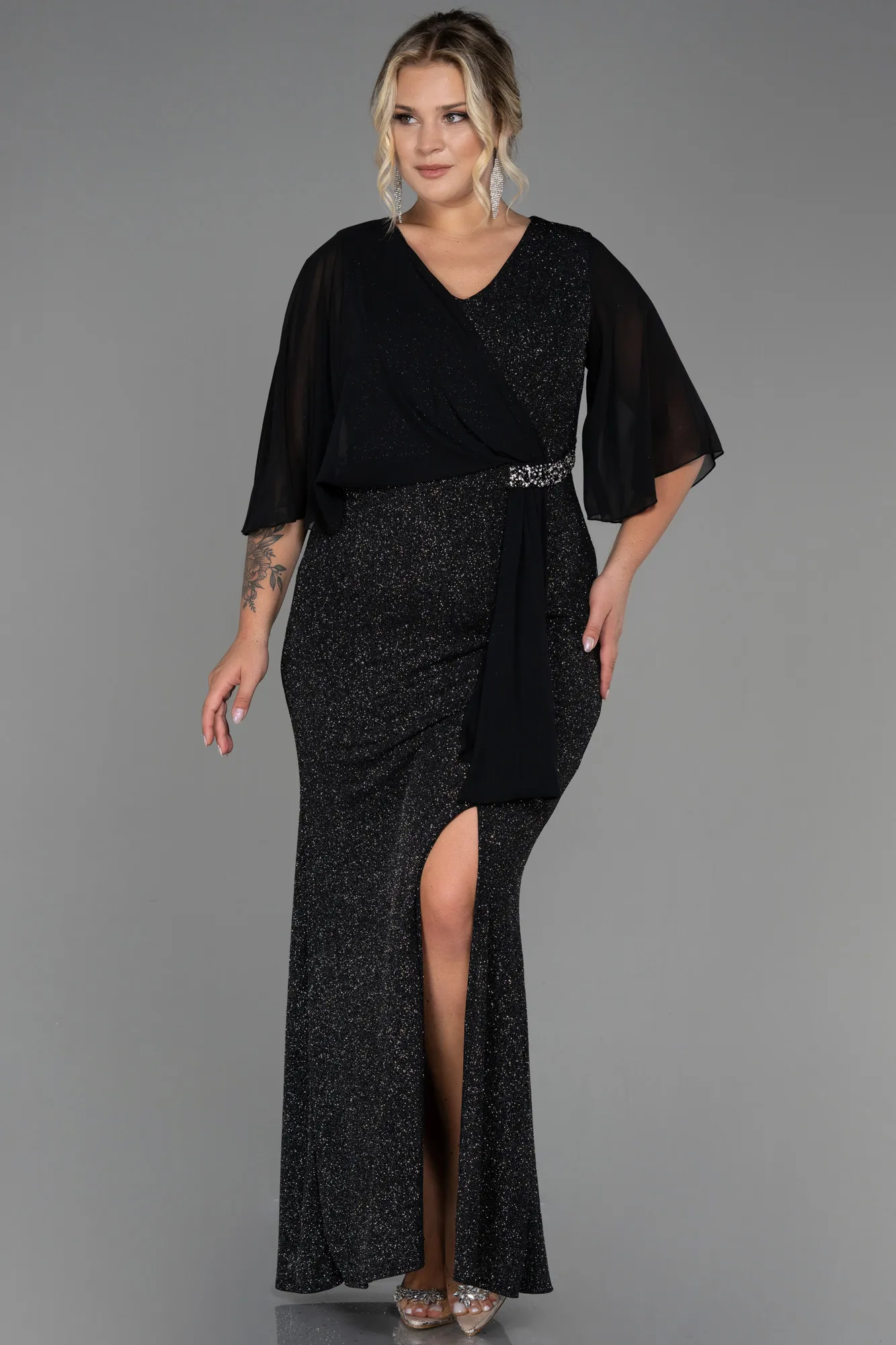 Black-Silver-Long Plus Size Evening Dress ABU2857