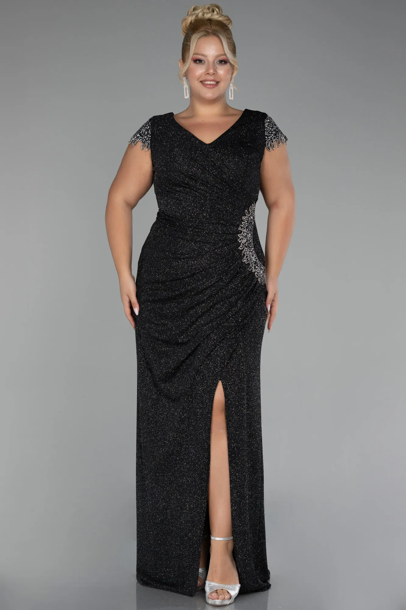 Black-Silver-Long Plus Size Evening Dress ABU3558