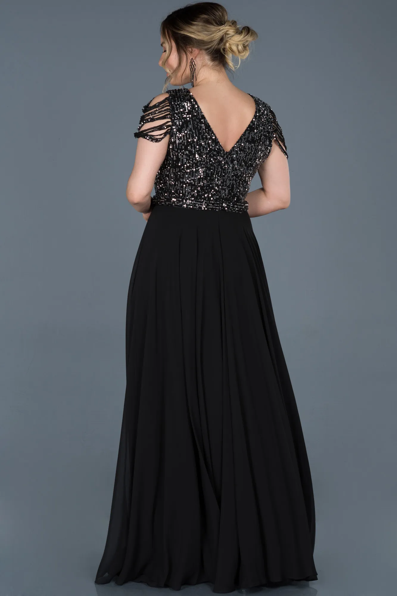Black-Silver-Long Plus Size Evening Dress ABU828