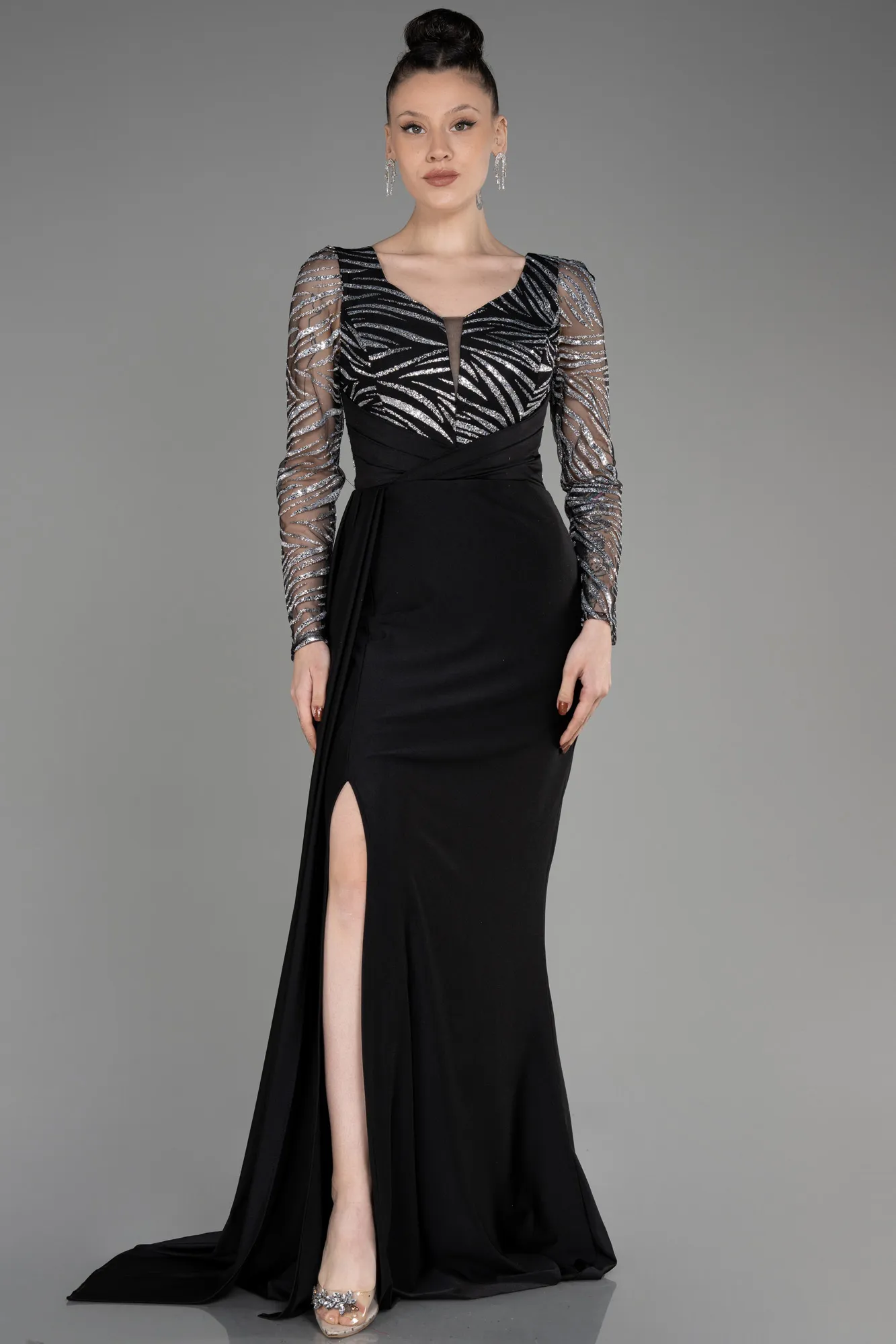 Black-Silver-Long Sleeve Evening Dress ABU3834