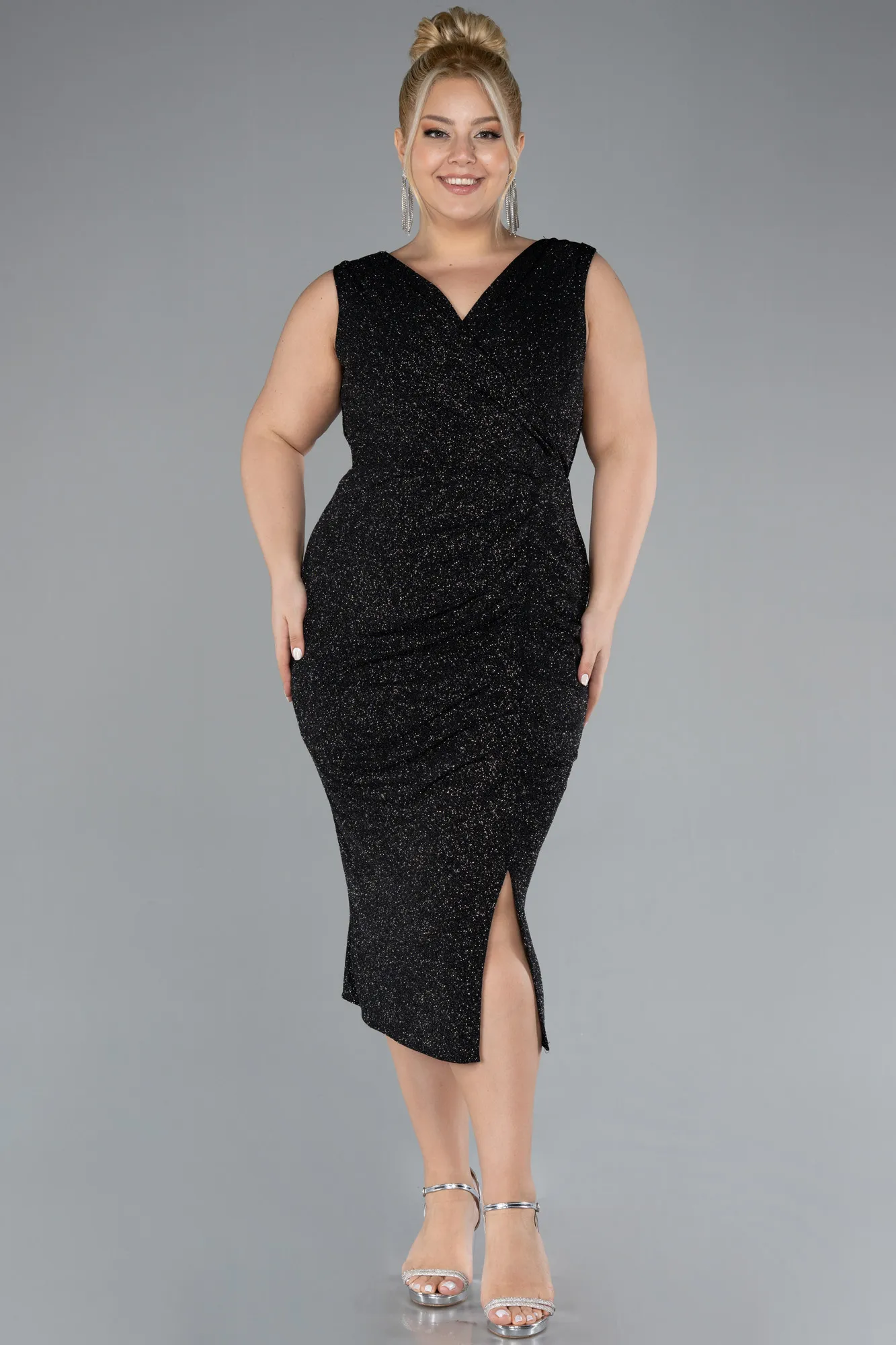 Black-Silver-Midi Plus Size Evening Dress ABK1492