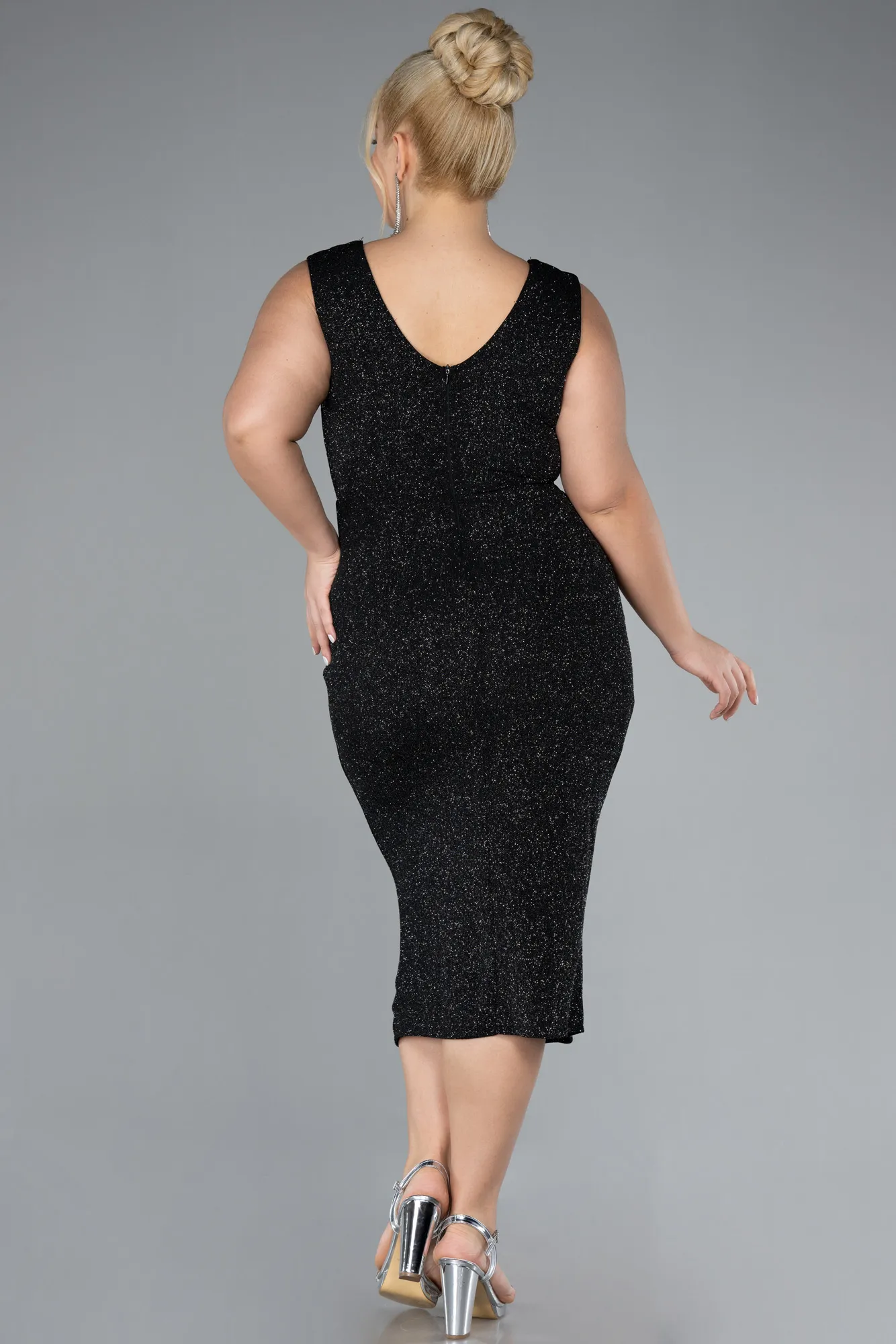 Black-Silver-Midi Plus Size Evening Dress ABK1492