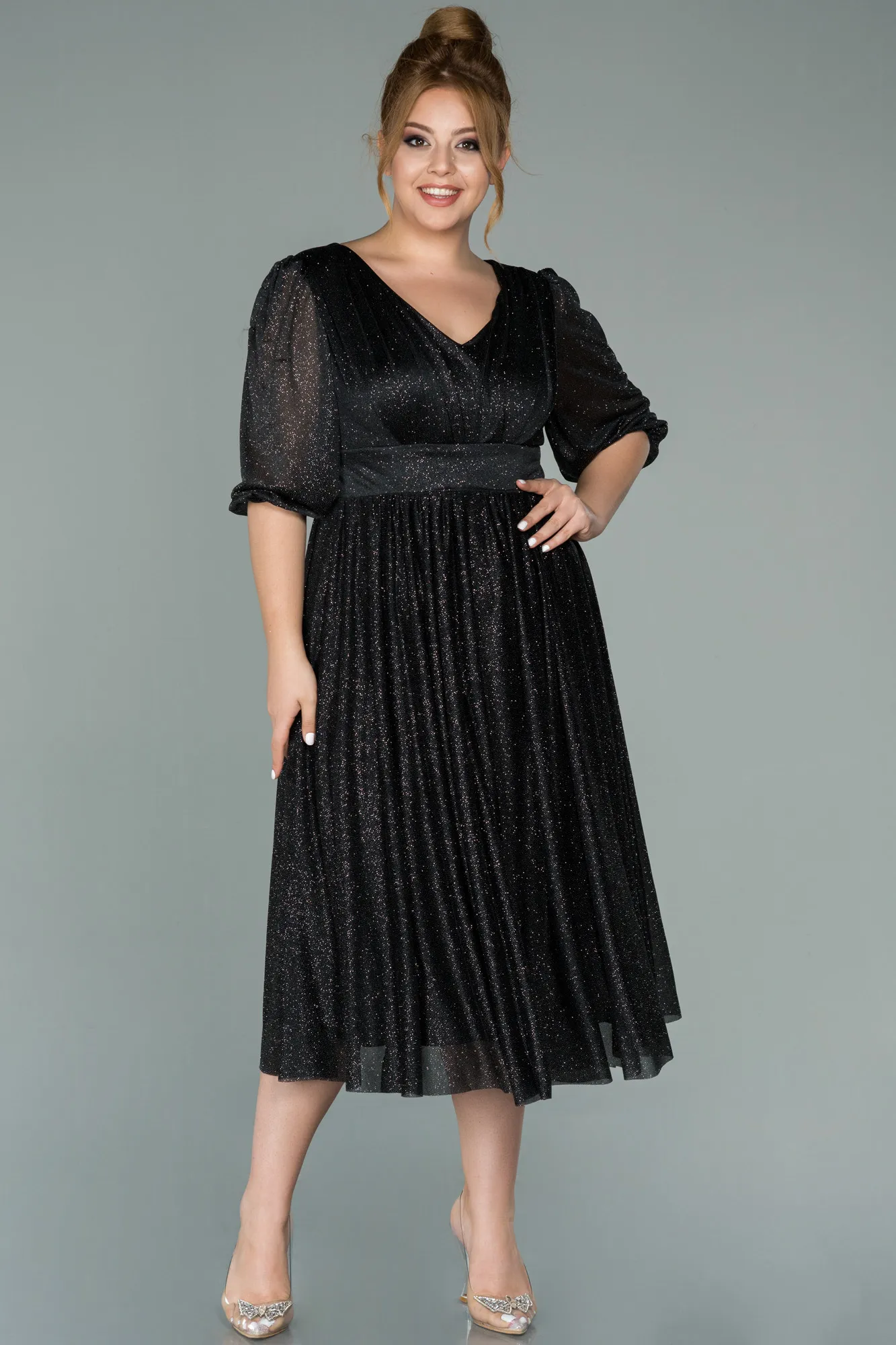 Black-Silver-Short Plus Size Evening Dress ABK1098