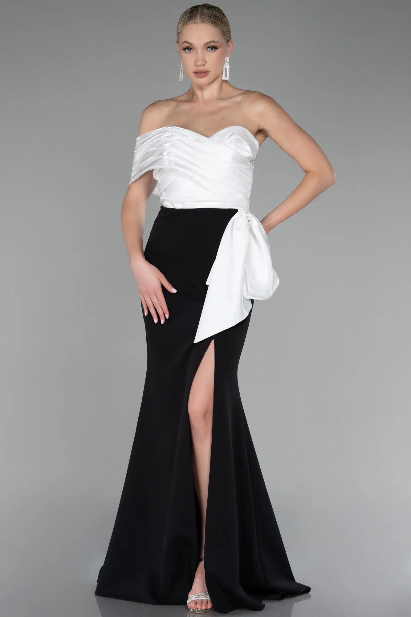 Black-White-One Shoulder Slit Long Mermaid Evening Gown ABU4115