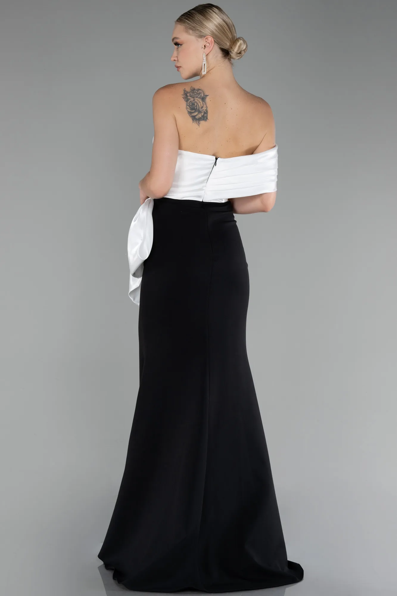 Black-White-One Shoulder Slit Long Mermaid Evening Gown ABU4115