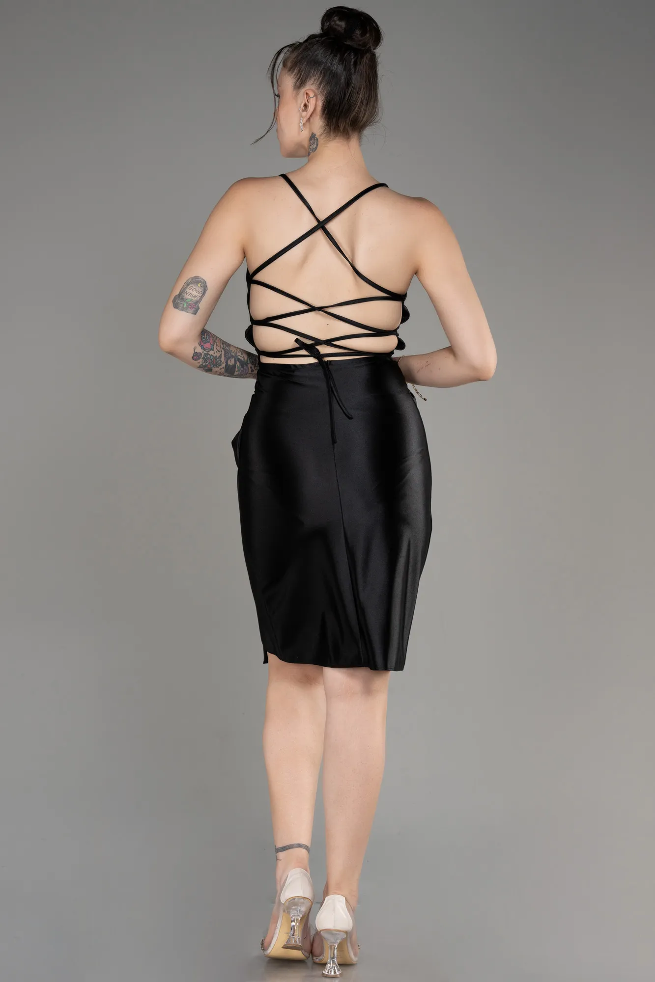 Black-Backless Short Satin Cocktail Dress ABK2078