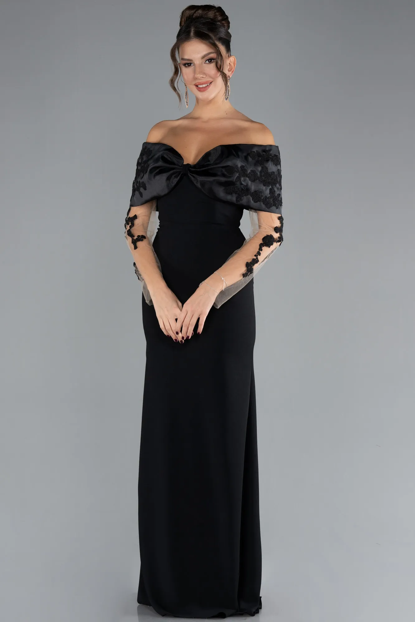 Black-Boat Neck Guipure Long Sleeve Fishtail Evening Dress ABU4343