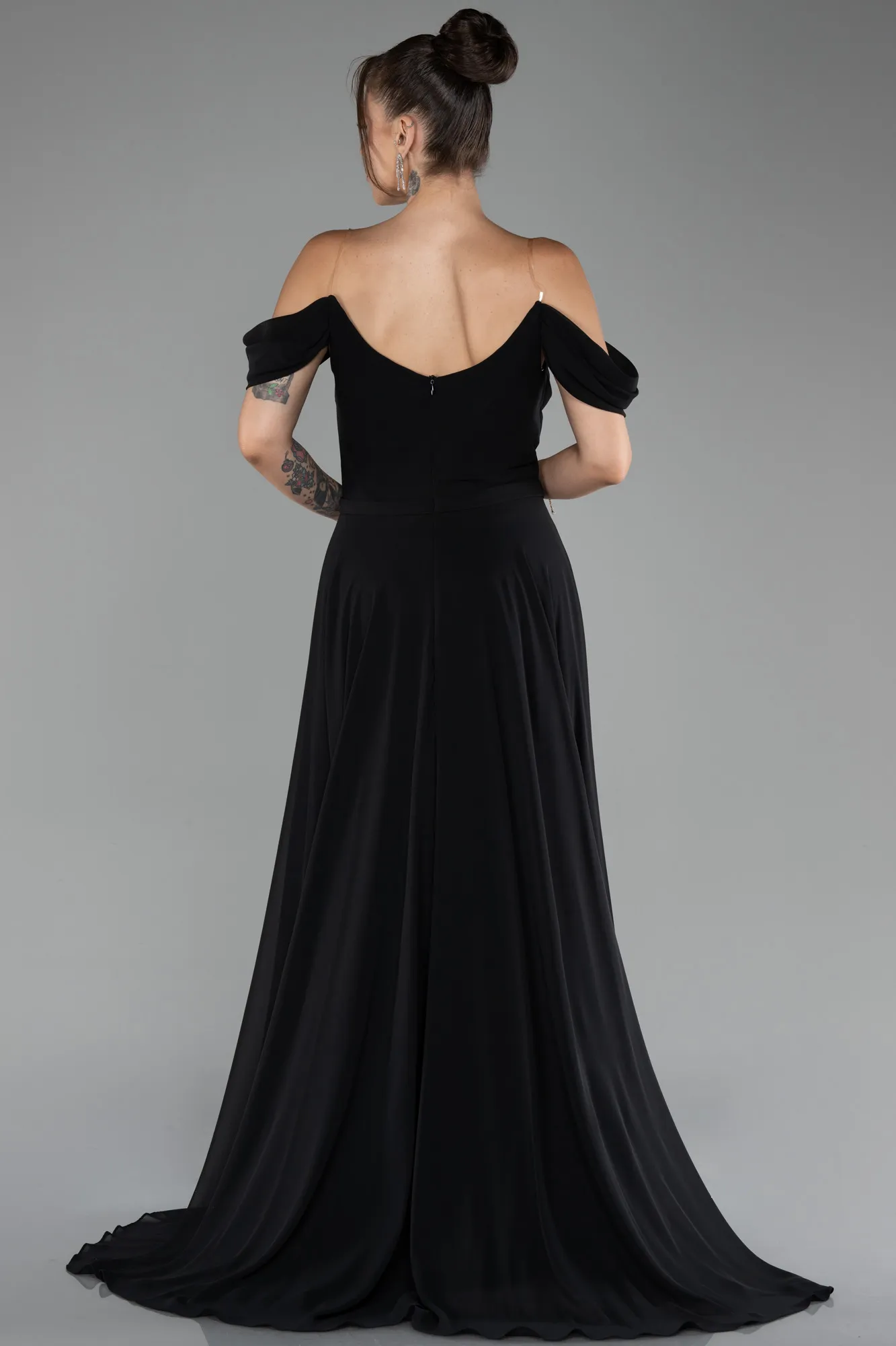 Black-Boat Neck Long Chiffon Evening Dress ABU4078