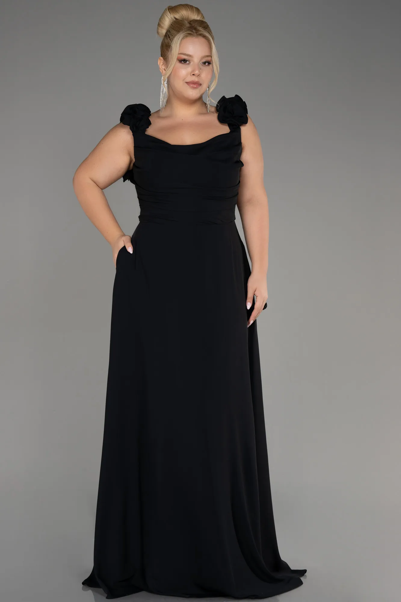 Black-Boat Neck Long Chiffon Plus Size Evening Dress ABU4026