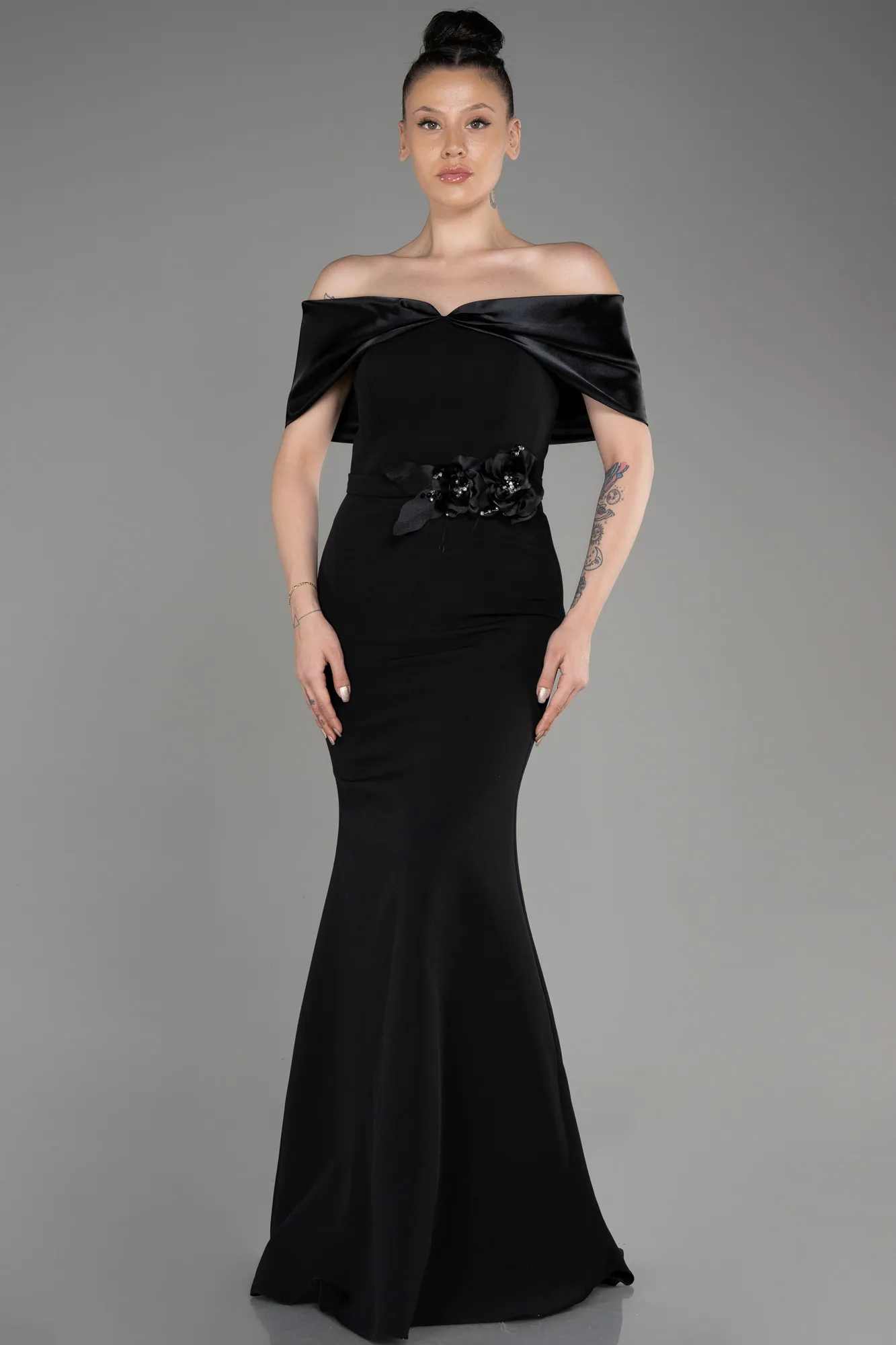 Black-Boat Neck Long Mermaid Evening Dress ABU3902