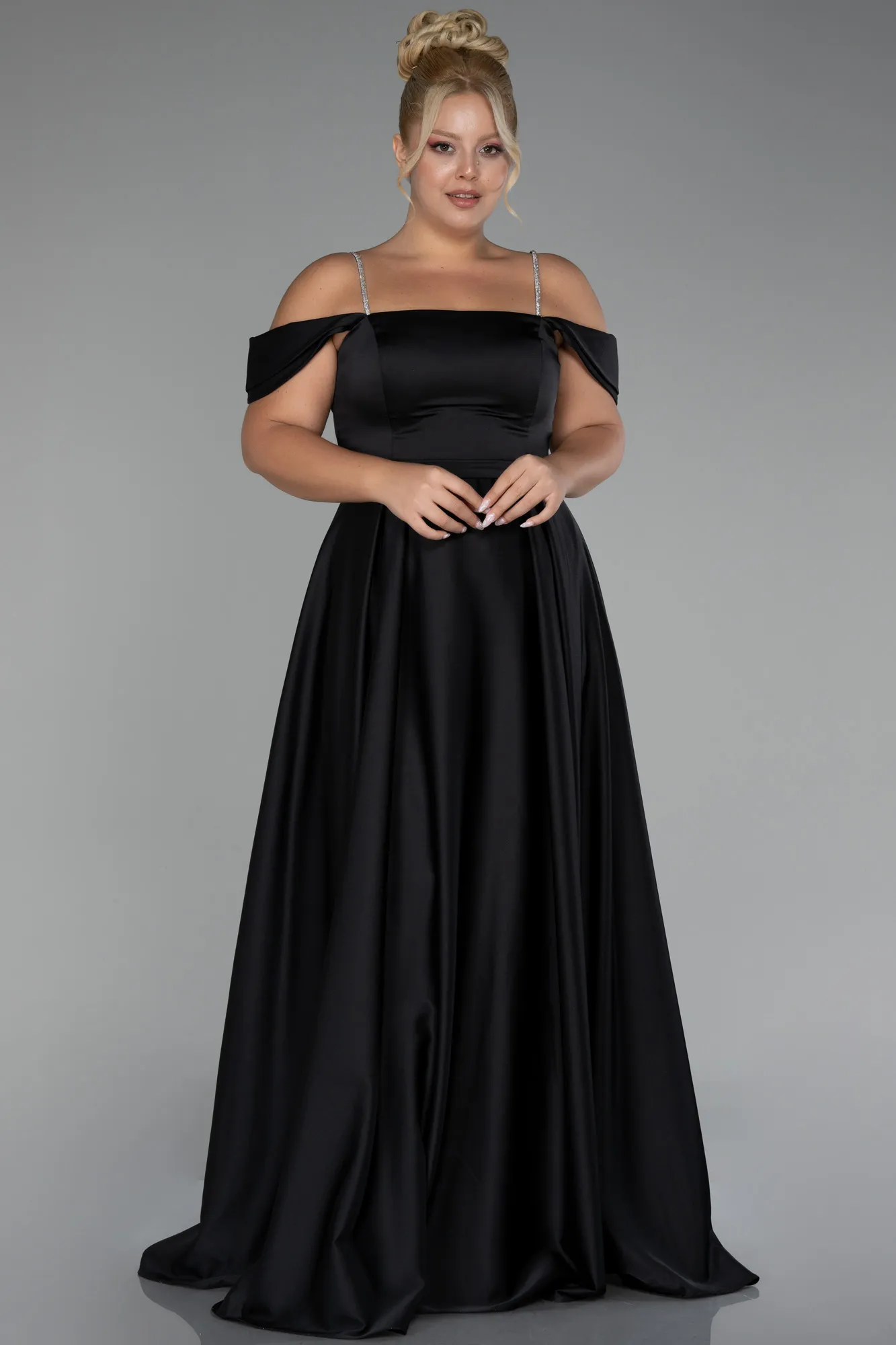 Black-Boat Neck Long Satin Plus Size Prom Dress ABU4125