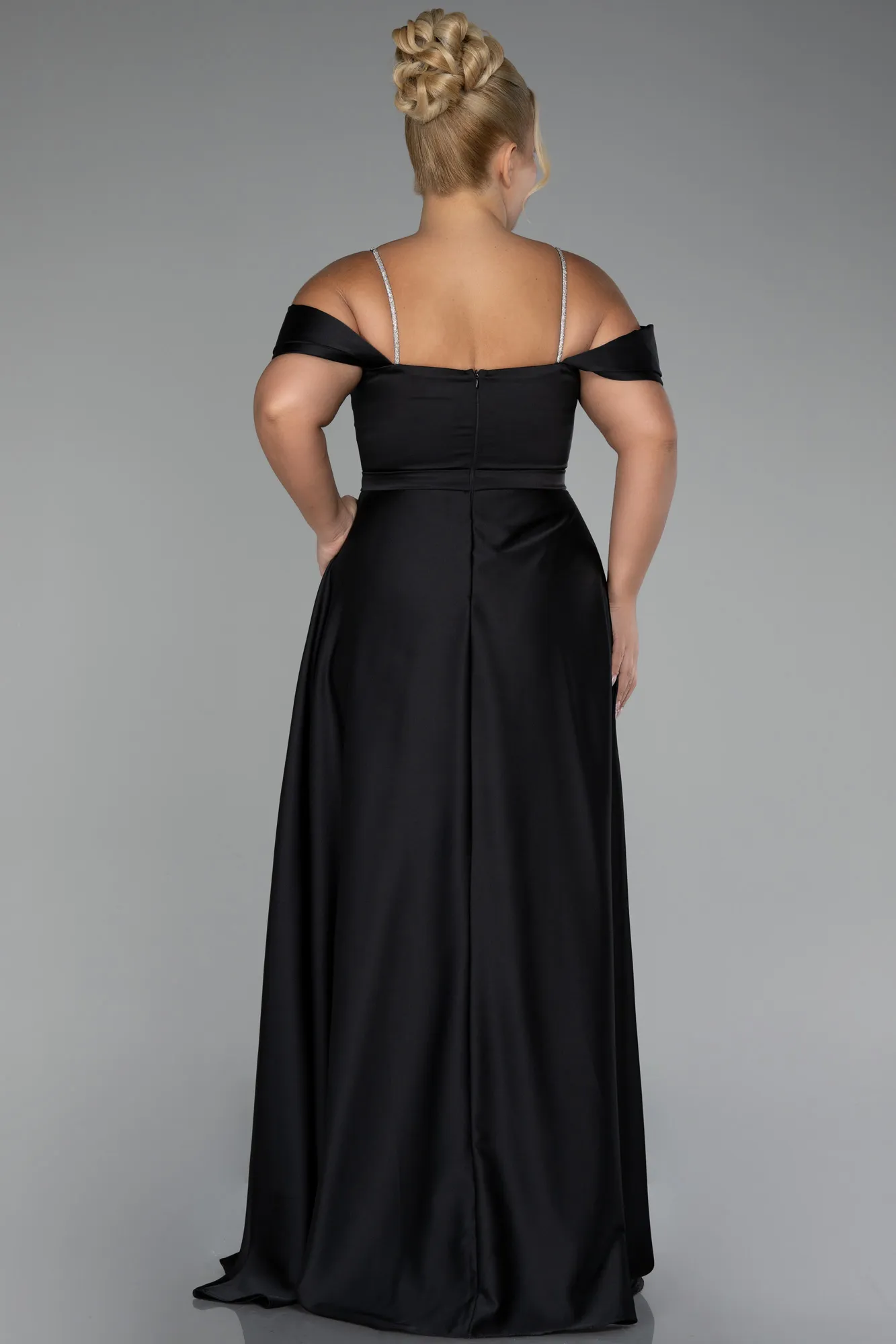 Black-Boat Neck Long Satin Plus Size Prom Dress ABU4125