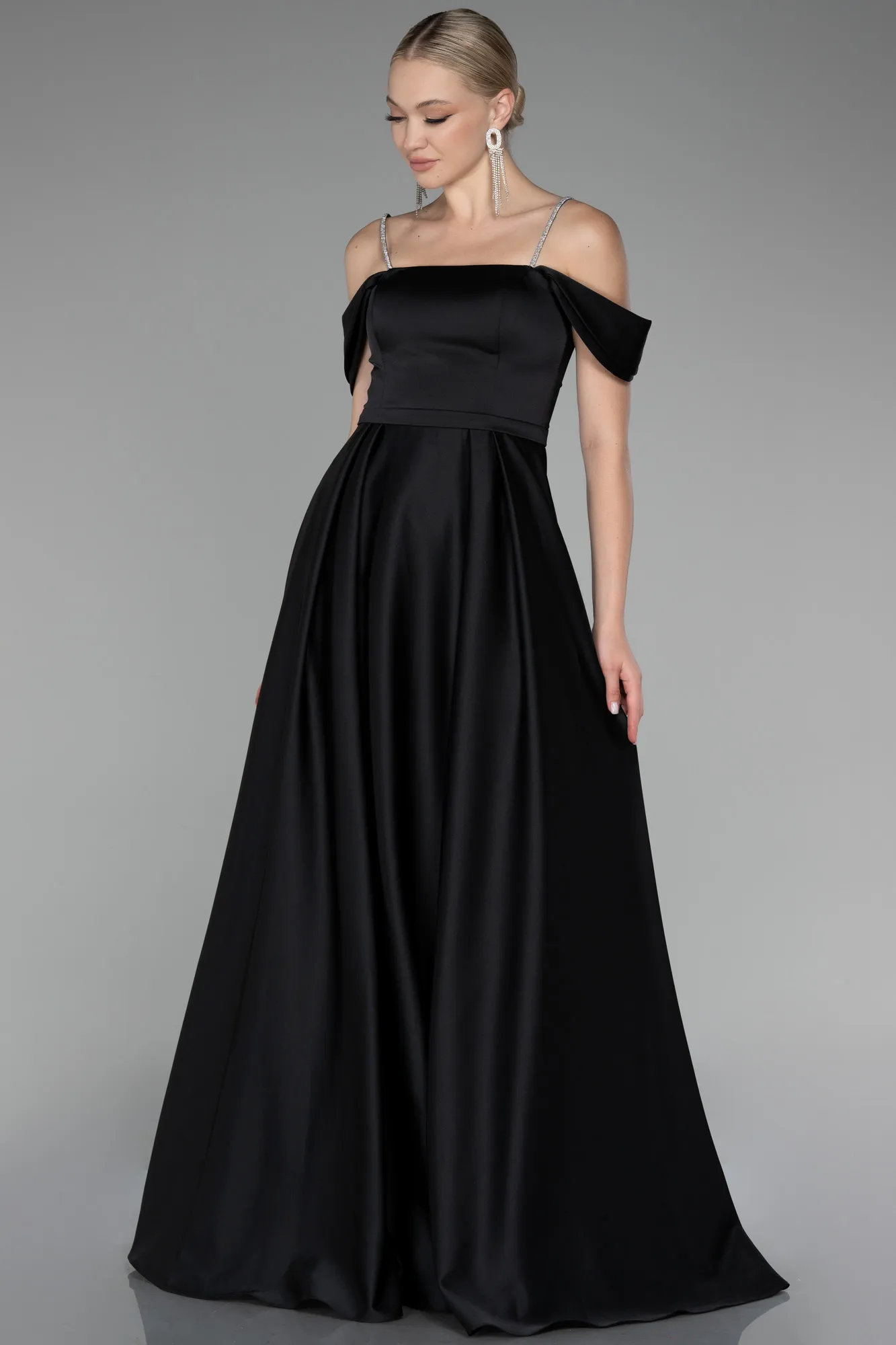 Black-Boat Neck Long Satin Prom Dress ABU4122