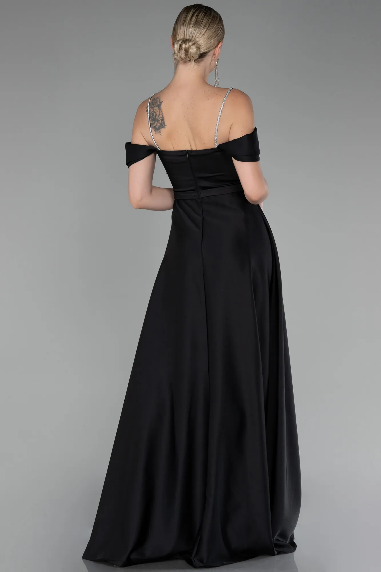 Black-Boat Neck Long Satin Prom Dress ABU4122