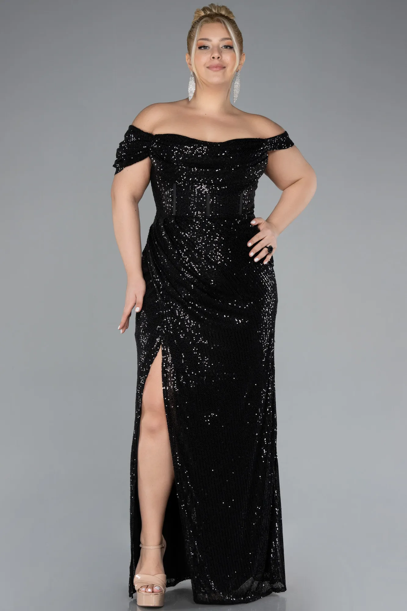 Black-Boat Neck Long Sequined Evening Gown ABU4315