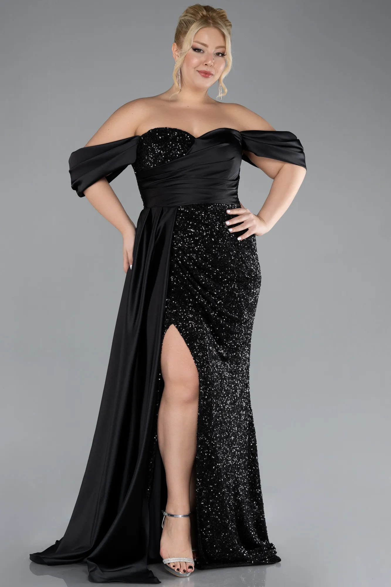 Black-Boat Neck Long Sequined Plus Size Evening Gown ABU4086