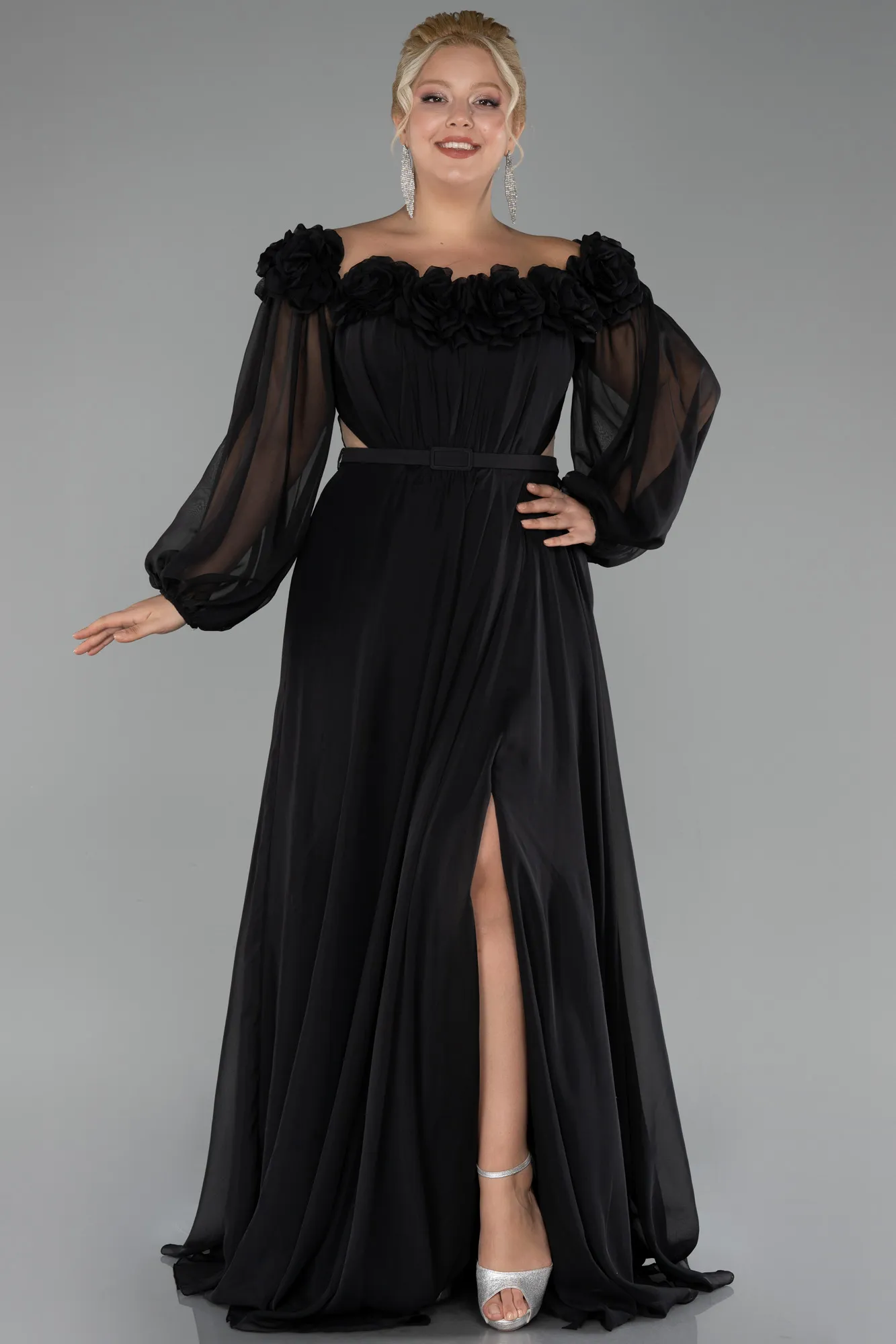 Black-Boat Neck Long Sleeve Plus Size Chiffon Prom Gown ABU4131