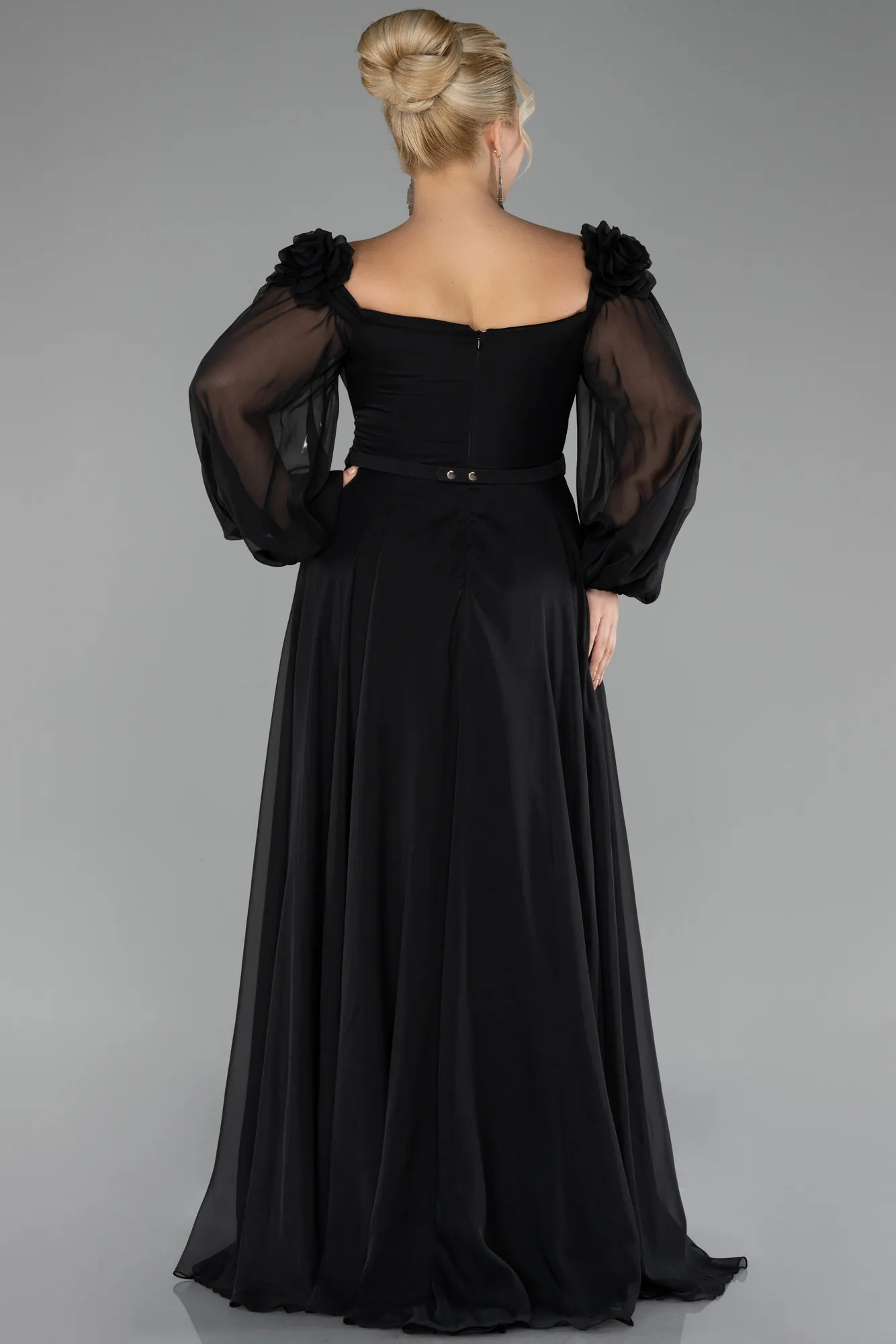 Black-Boat Neck Long Sleeve Plus Size Chiffon Prom Gown ABU4131