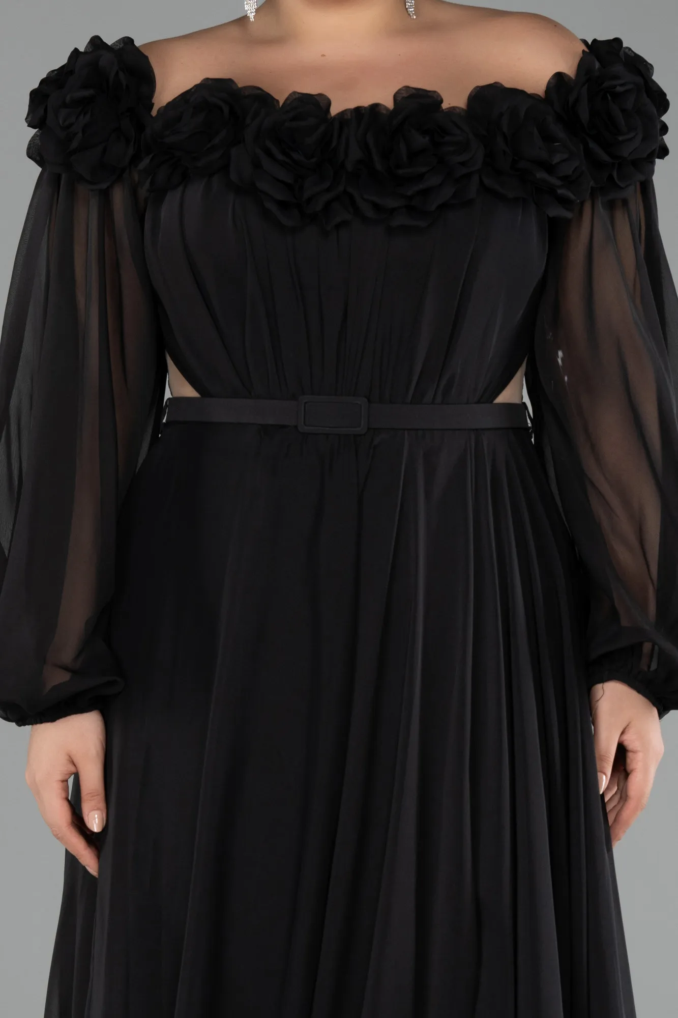 Black-Boat Neck Long Sleeve Plus Size Chiffon Prom Gown ABU4131