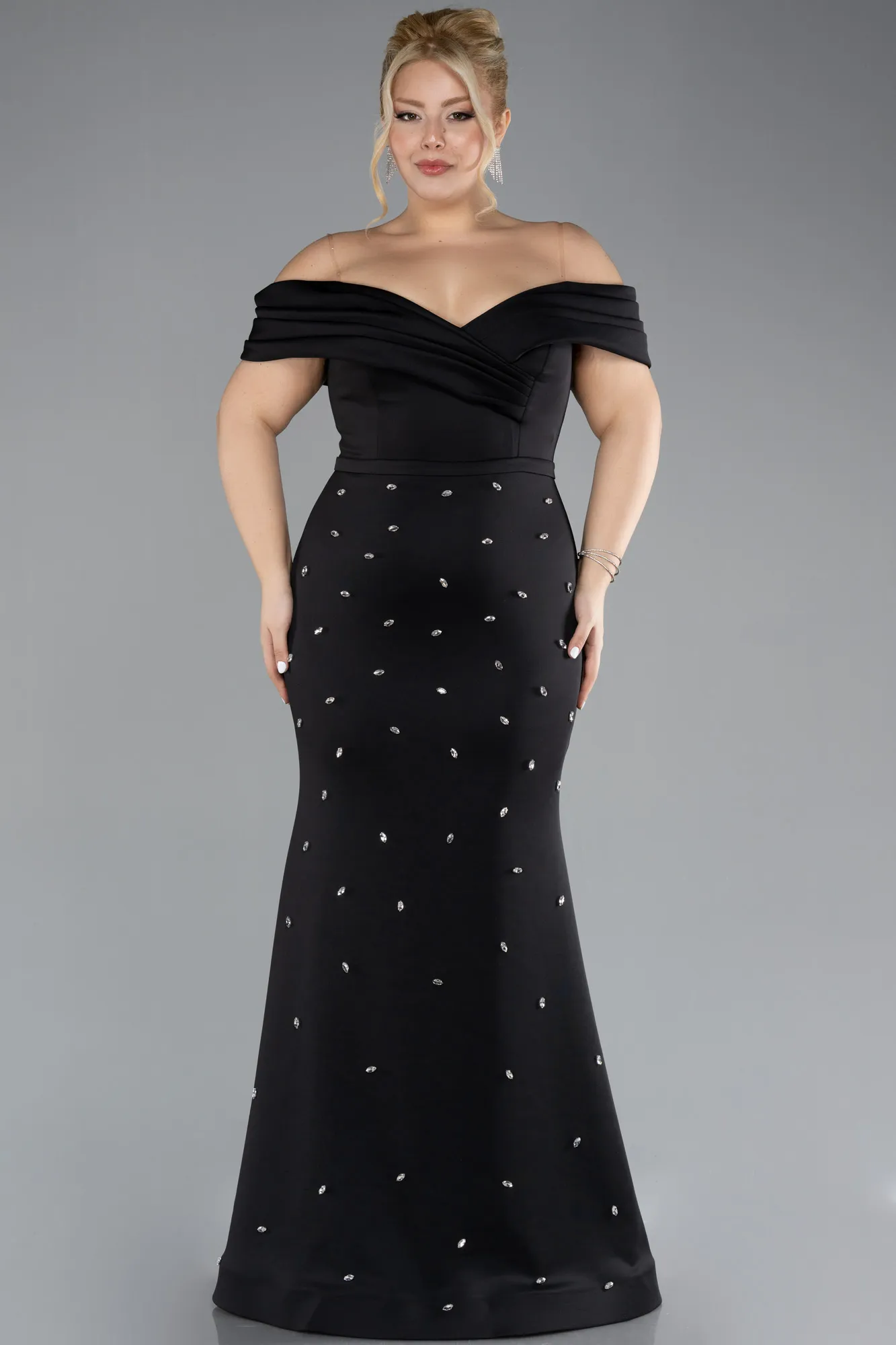 Black-Boat Neck Long Stoned Plus Size Evening Gown ABU4347