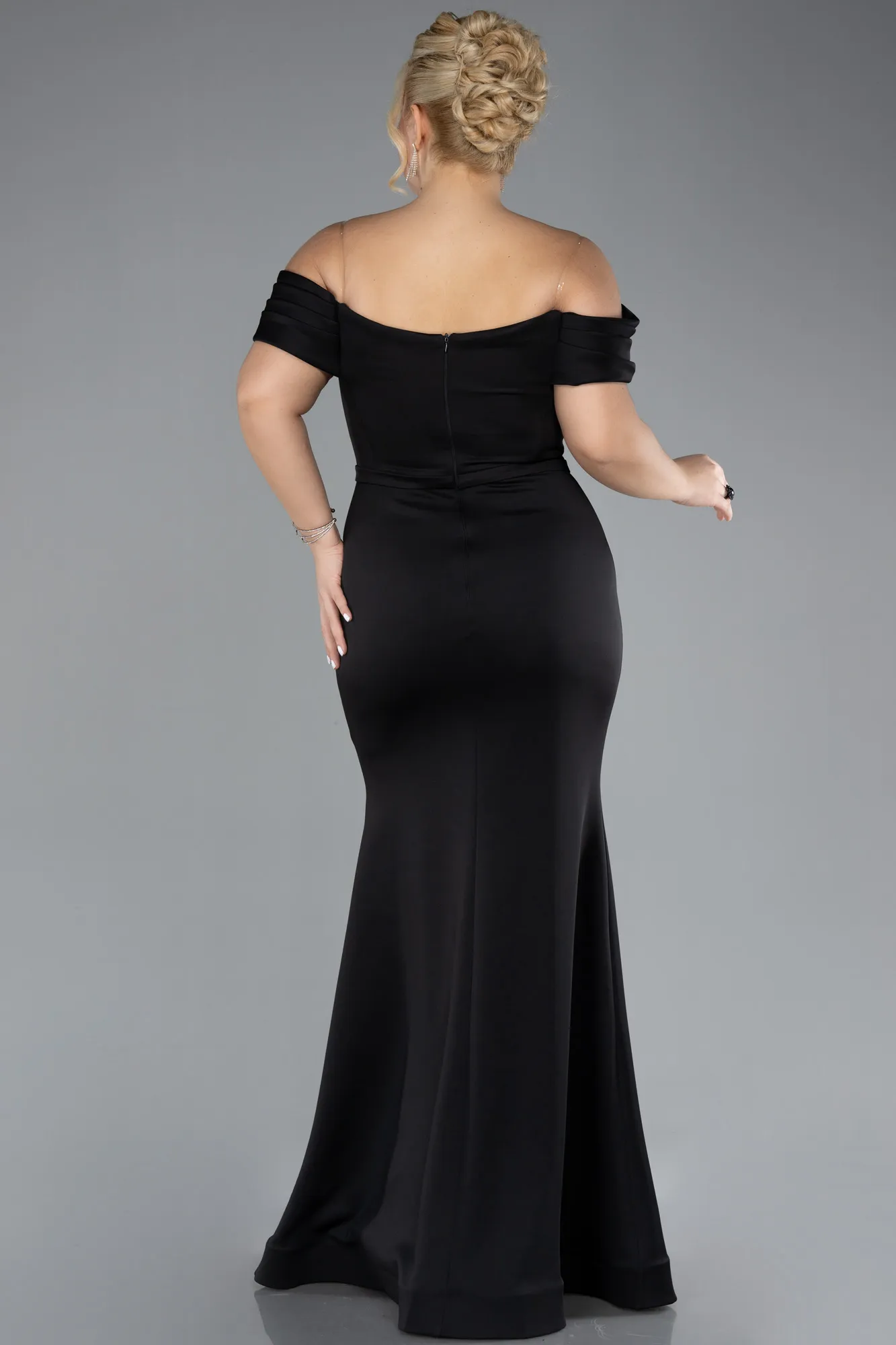 Black-Boat Neck Long Stoned Plus Size Evening Gown ABU4347