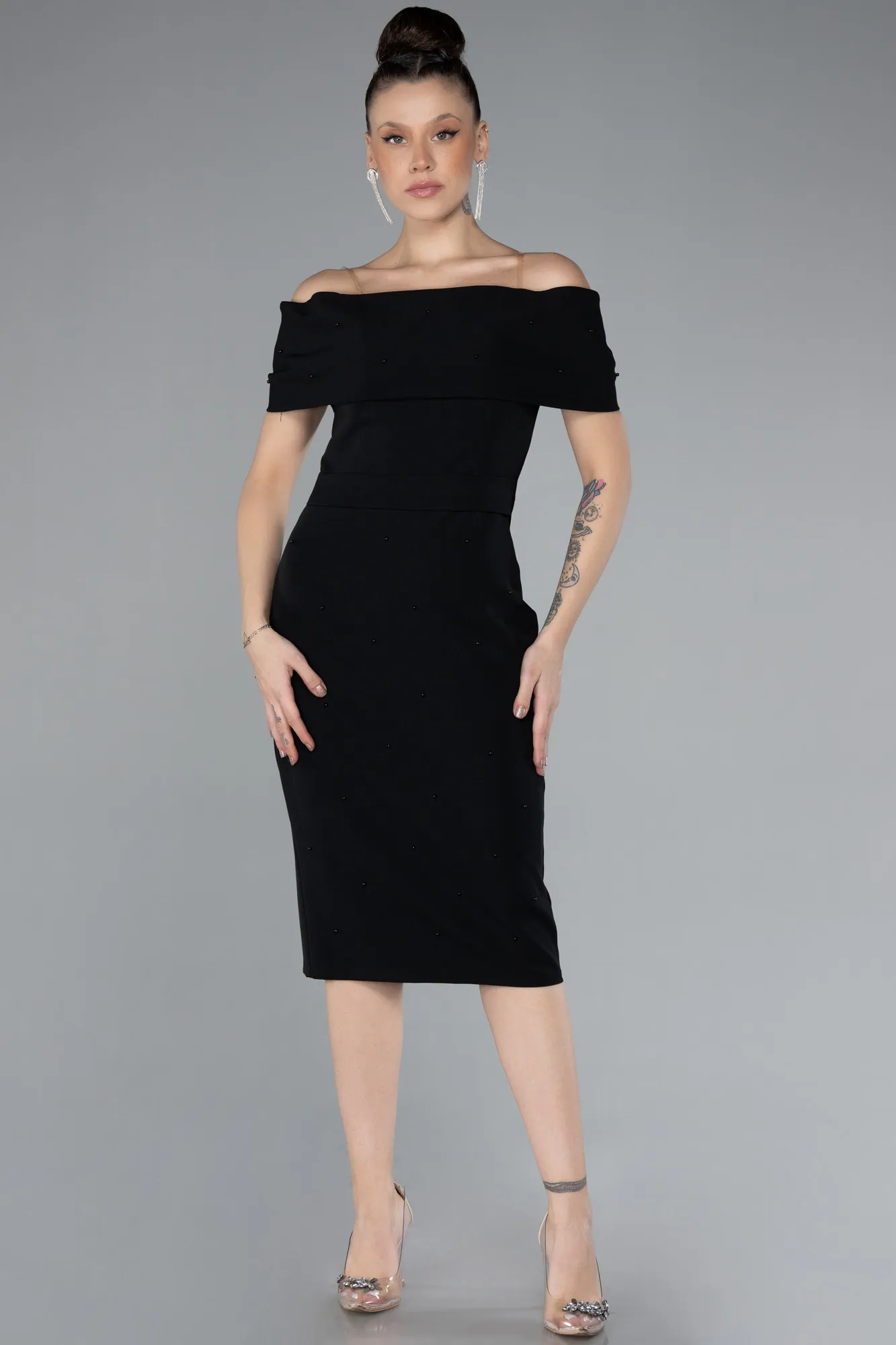 Black-Boat Neck Midi Invitation Dress ABK2203