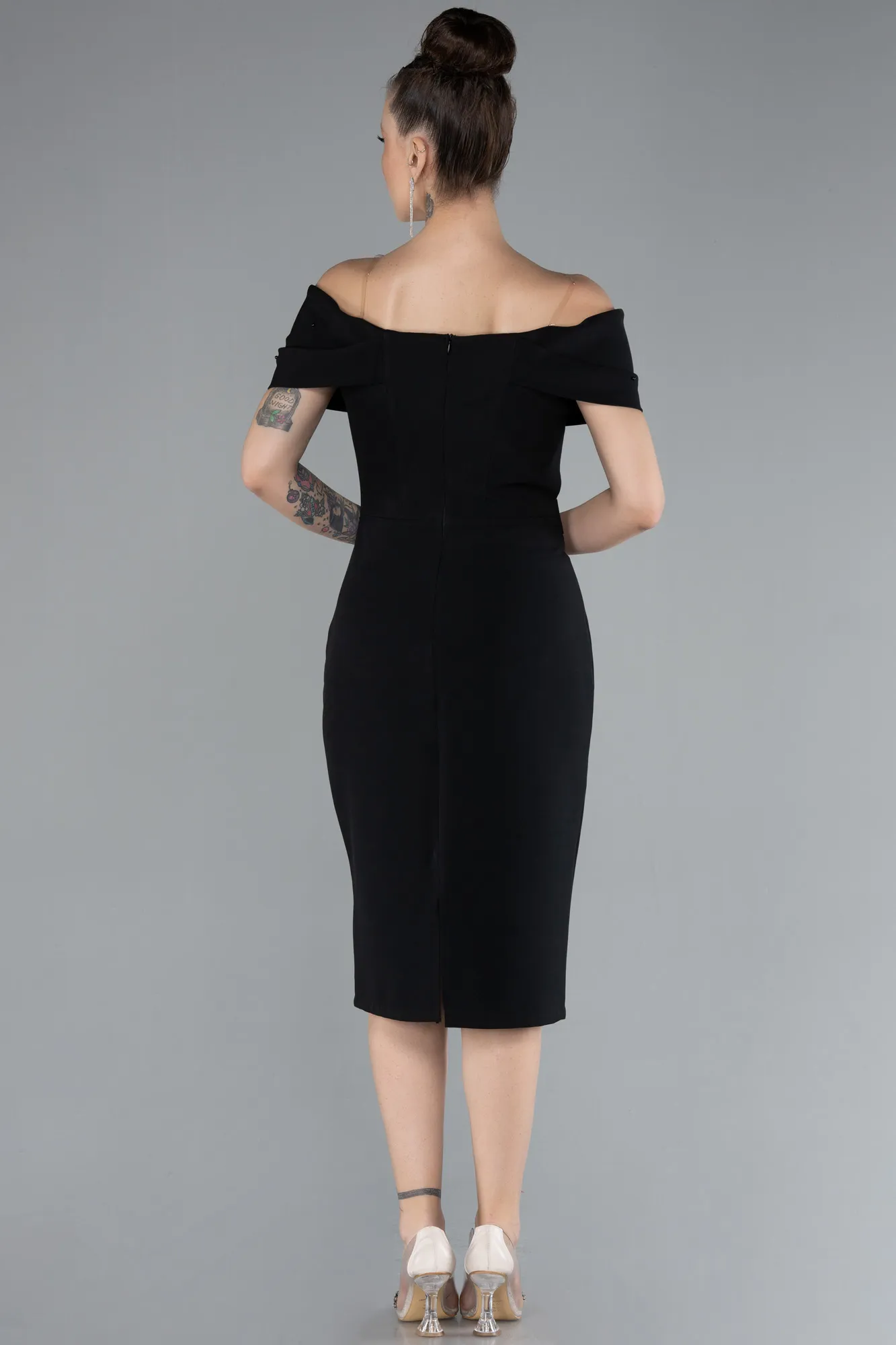 Black-Boat Neck Midi Invitation Dress ABK2203