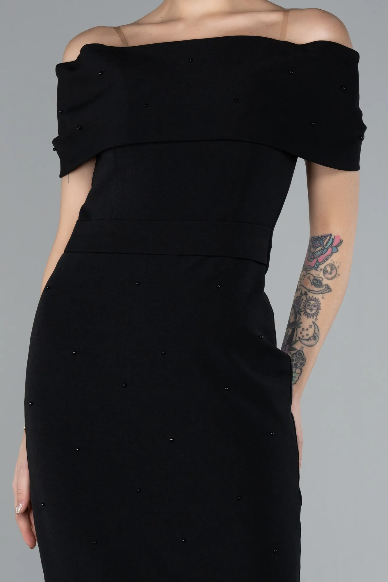 Black-Boat Neck Midi Invitation Dress ABK2203