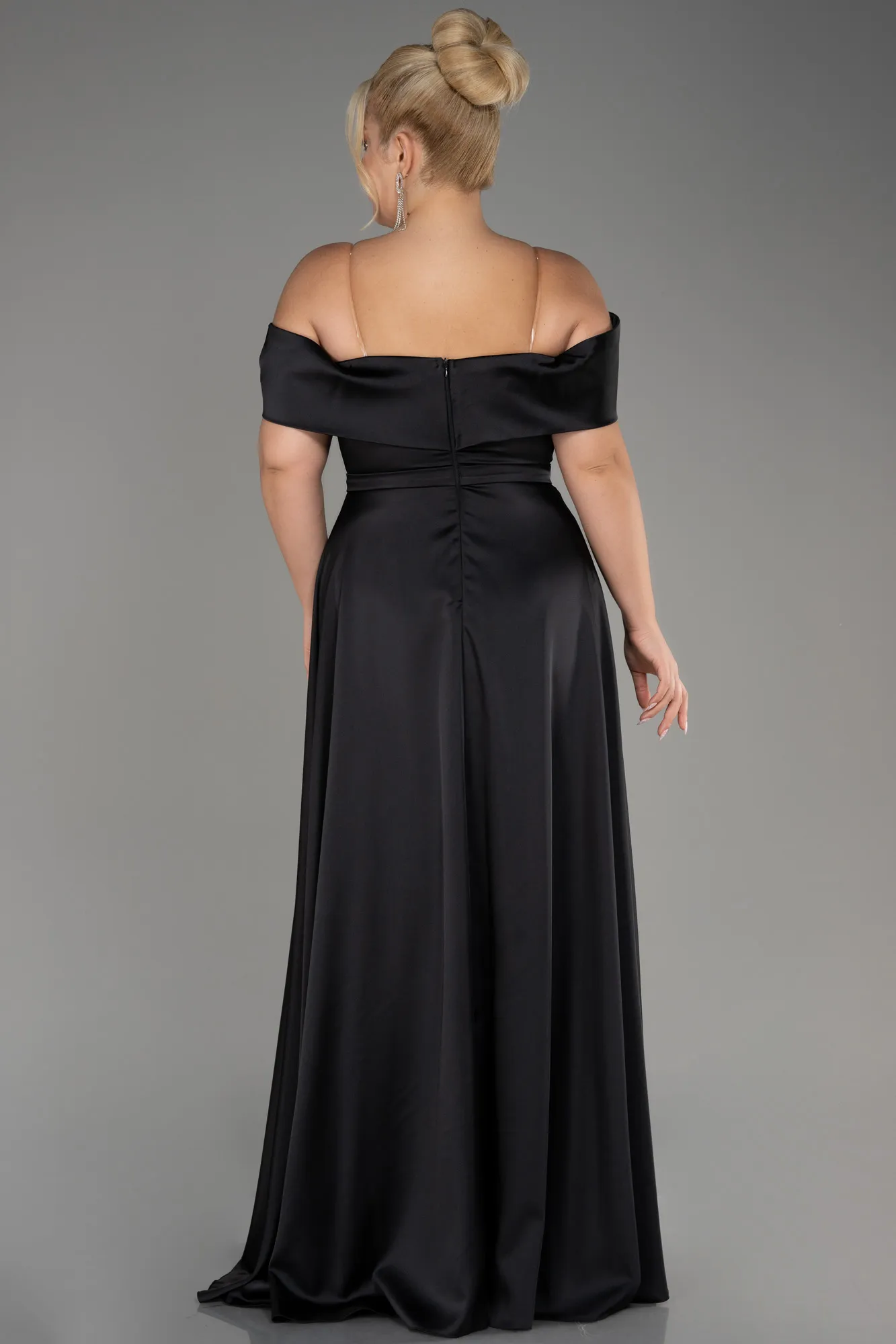 Black-Boat Neck Satin Plus Size Evening Dress ABU4054