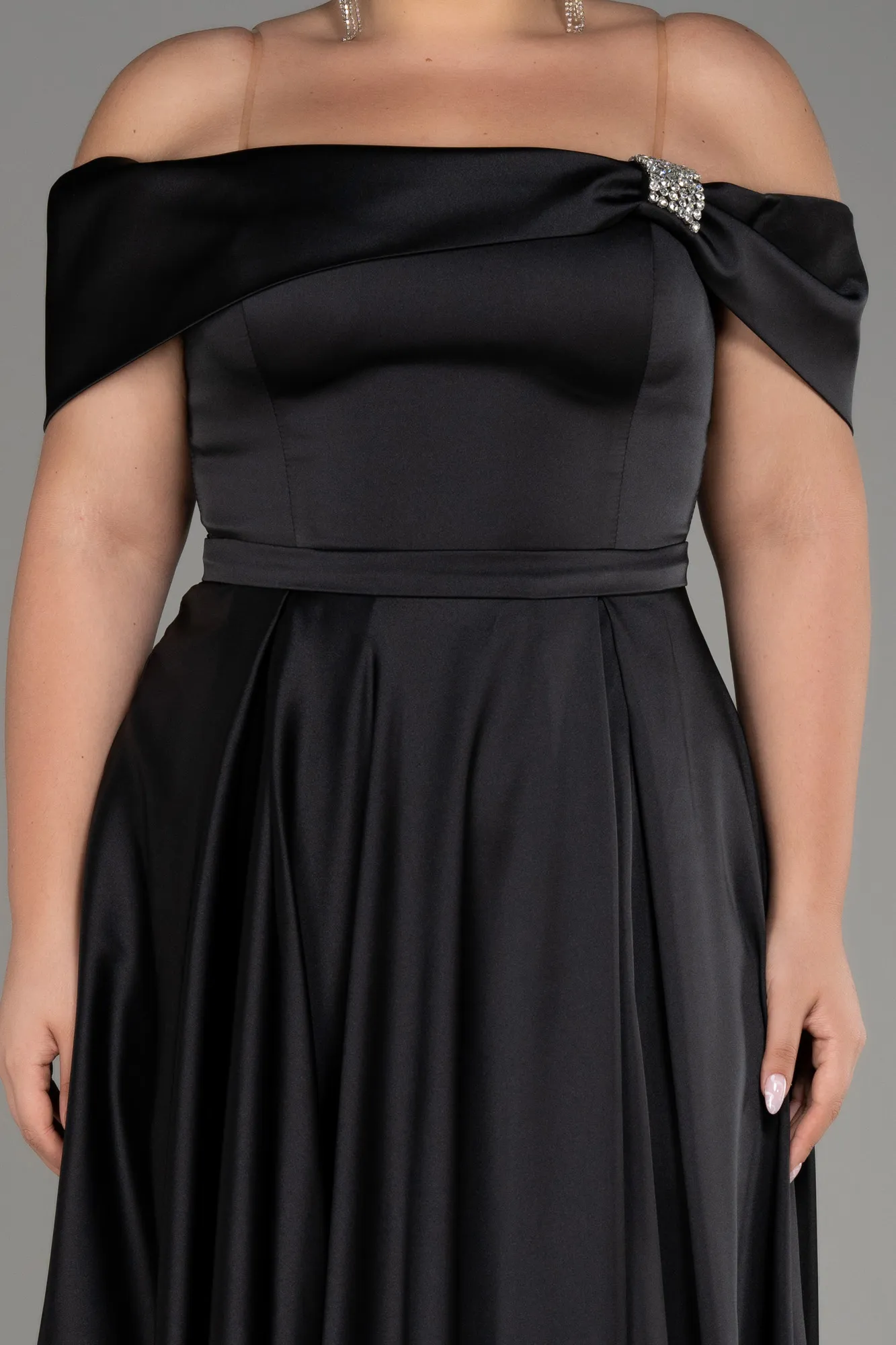 Black-Boat Neck Satin Plus Size Evening Dress ABU4054