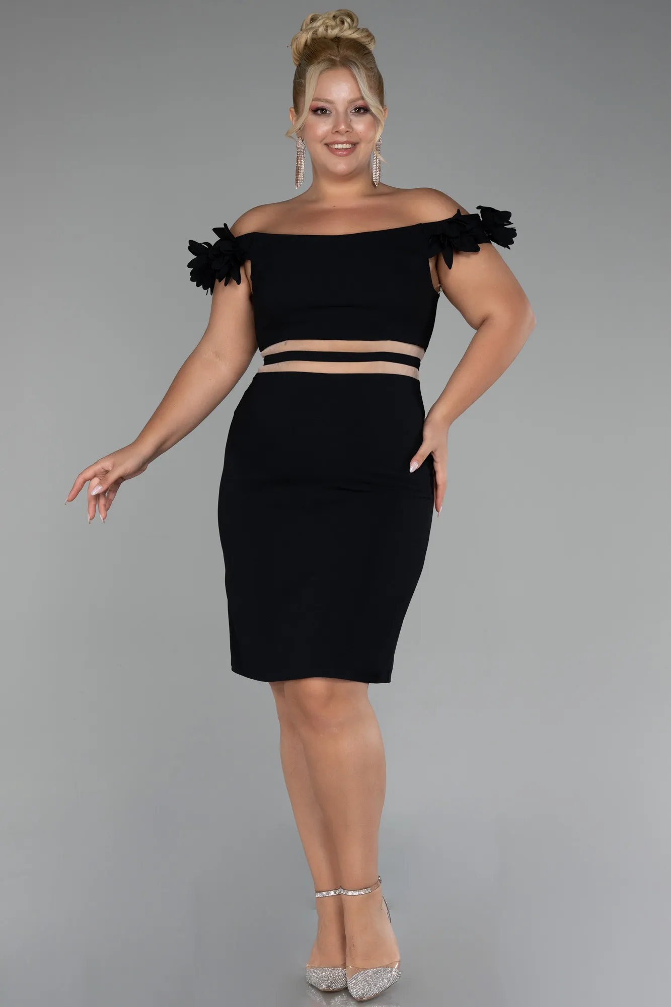 Black-Boat Neck Short Plus Size Cocktail Dress ABK2121