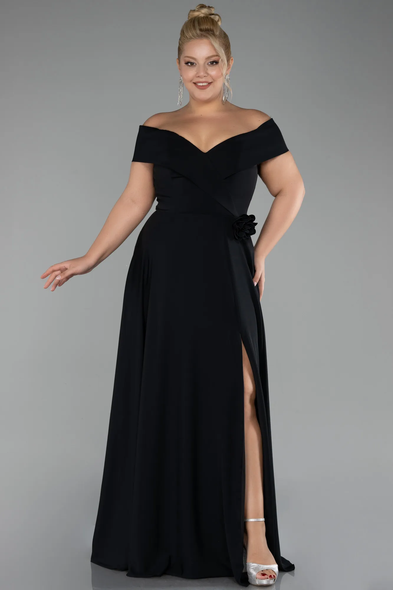 Black-Boat Neck Slit Long Chiffon Plus Size Prom Dress ABU4234