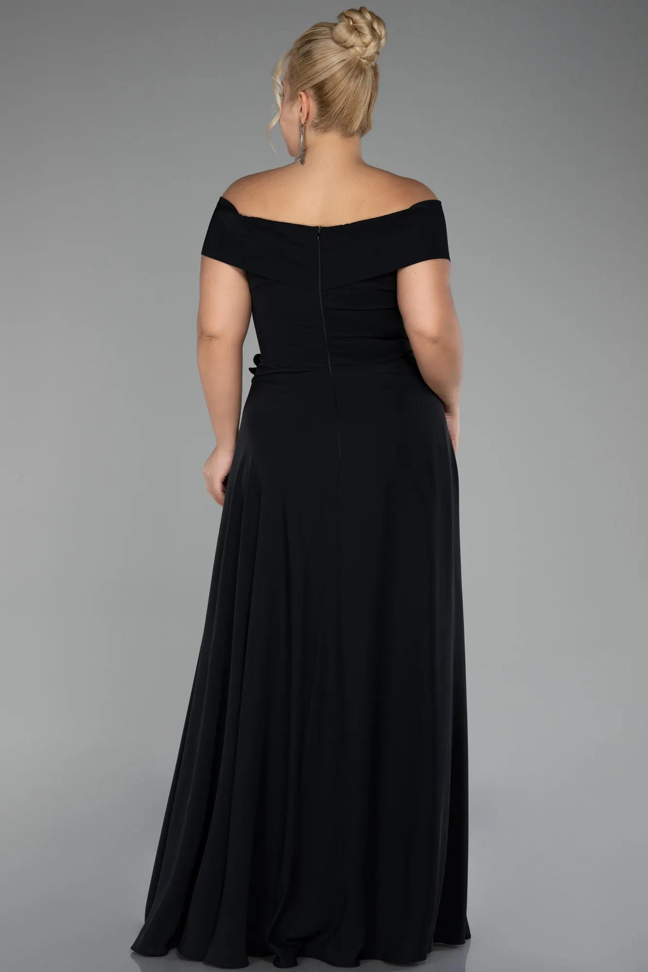 Black-Boat Neck Slit Long Chiffon Plus Size Prom Dress ABU4234