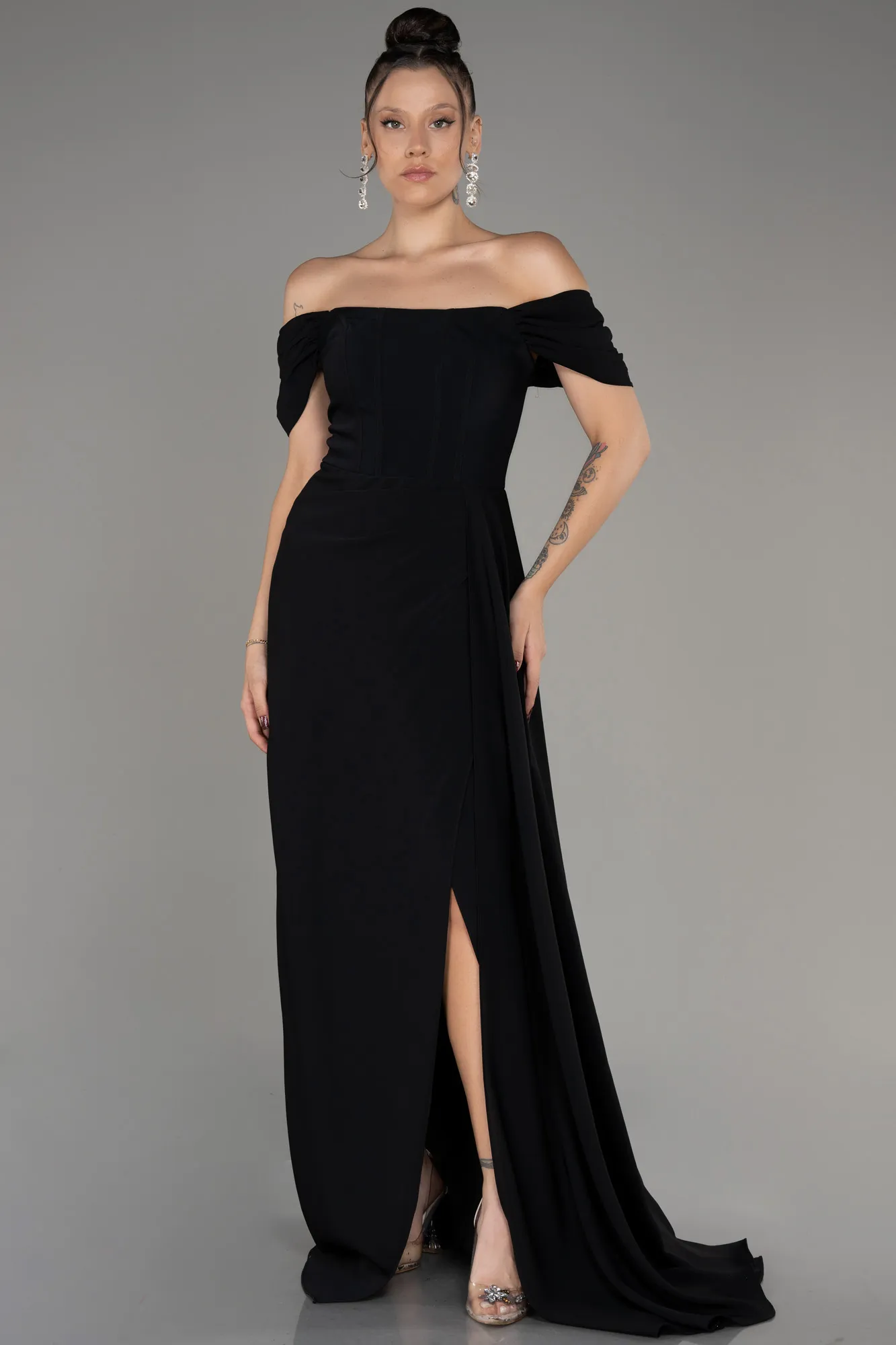 Black-Boat Neck Slit Long Evening Dress ABU4048