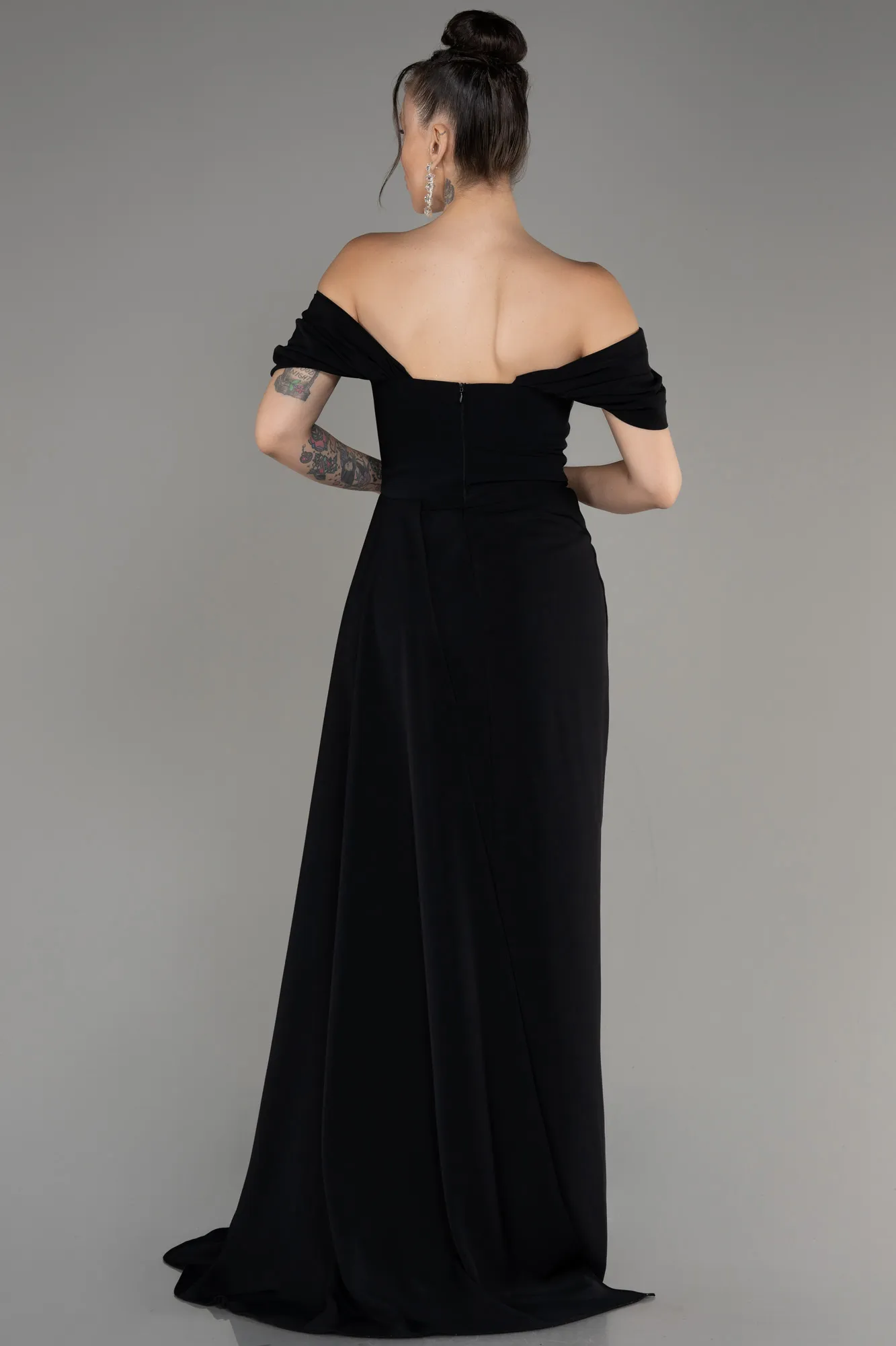 Black-Boat Neck Slit Long Evening Dress ABU4048