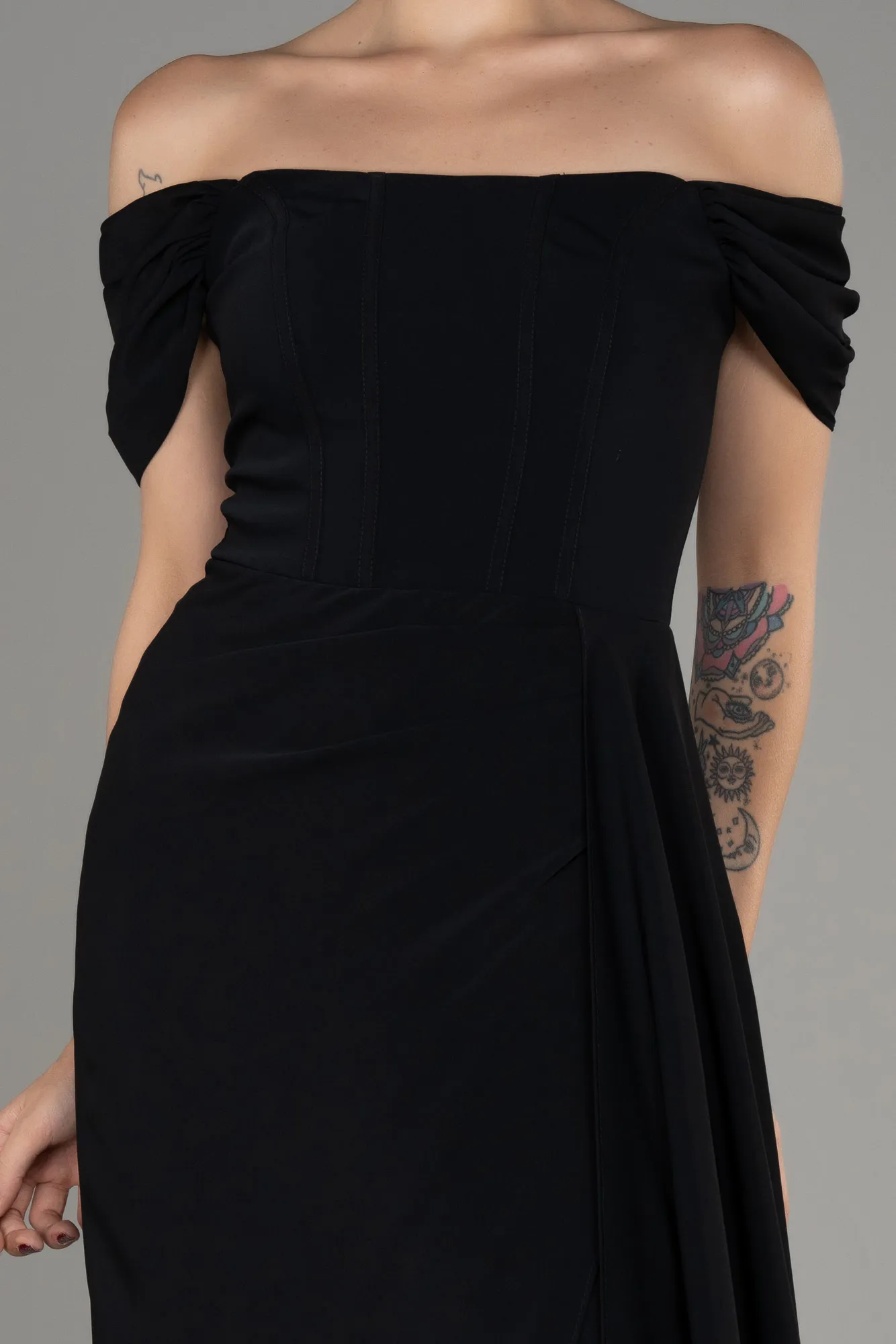 Black-Boat Neck Slit Long Evening Dress ABU4048