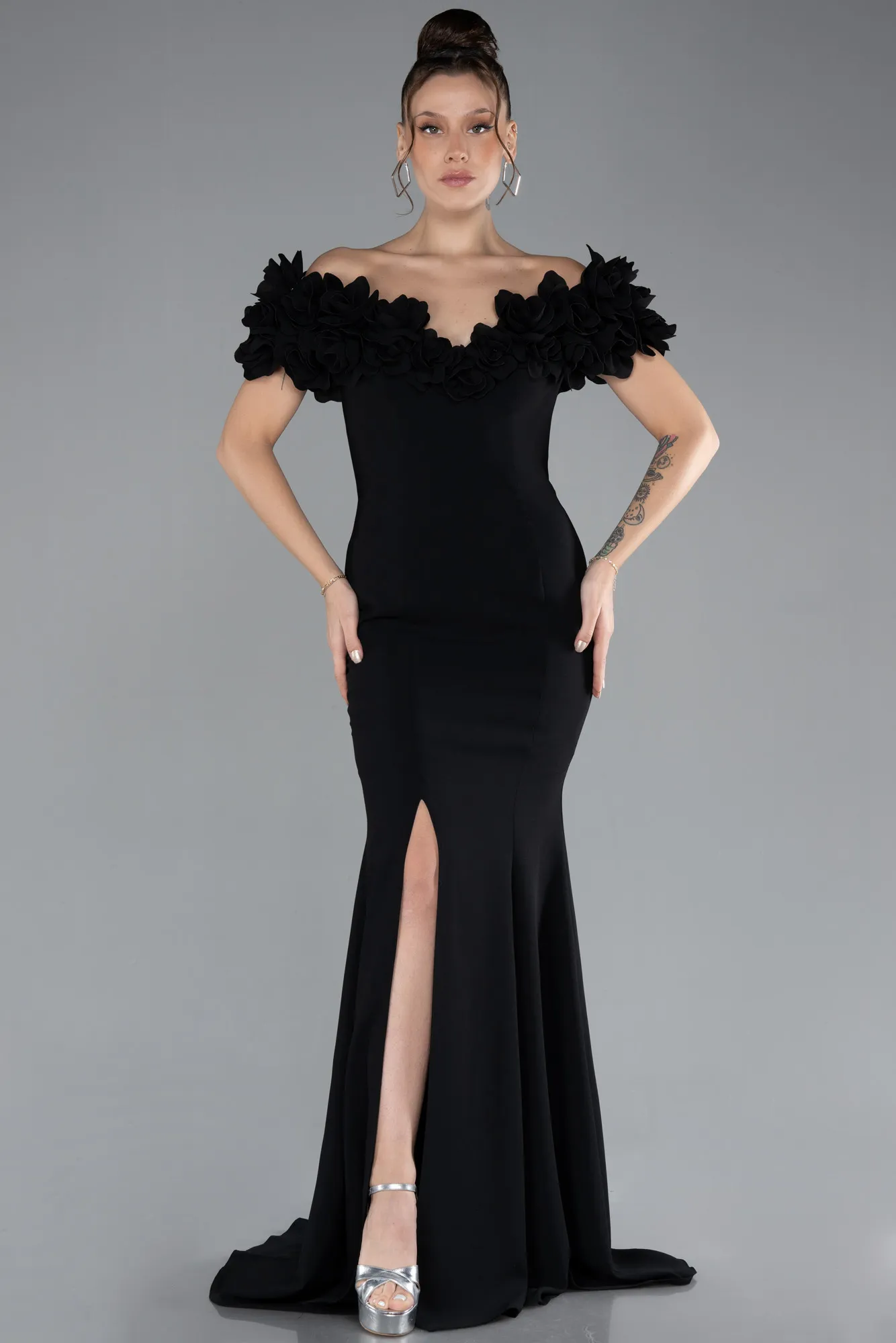 Black-Boat Neck Slit Long Evening Dress ABU4080