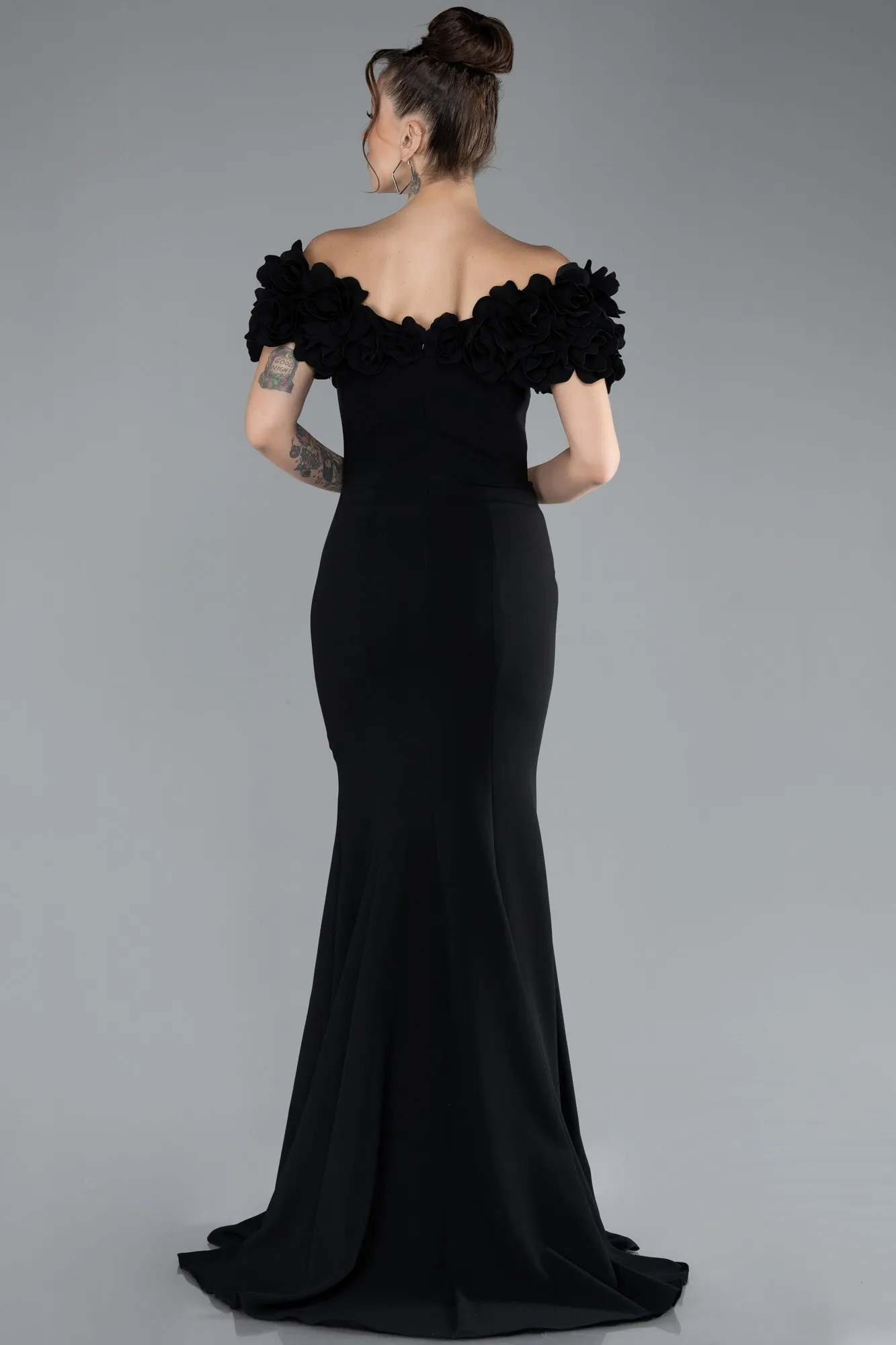 Black-Boat Neck Slit Long Evening Dress ABU4080