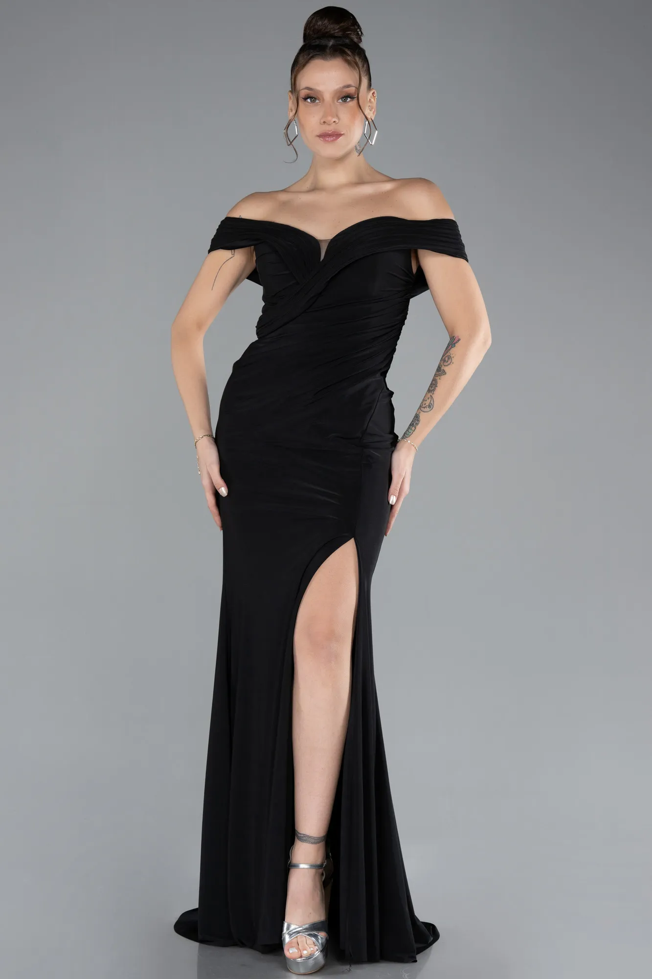 Black-Boat Neck Slit Long Evening Gown ABU4400