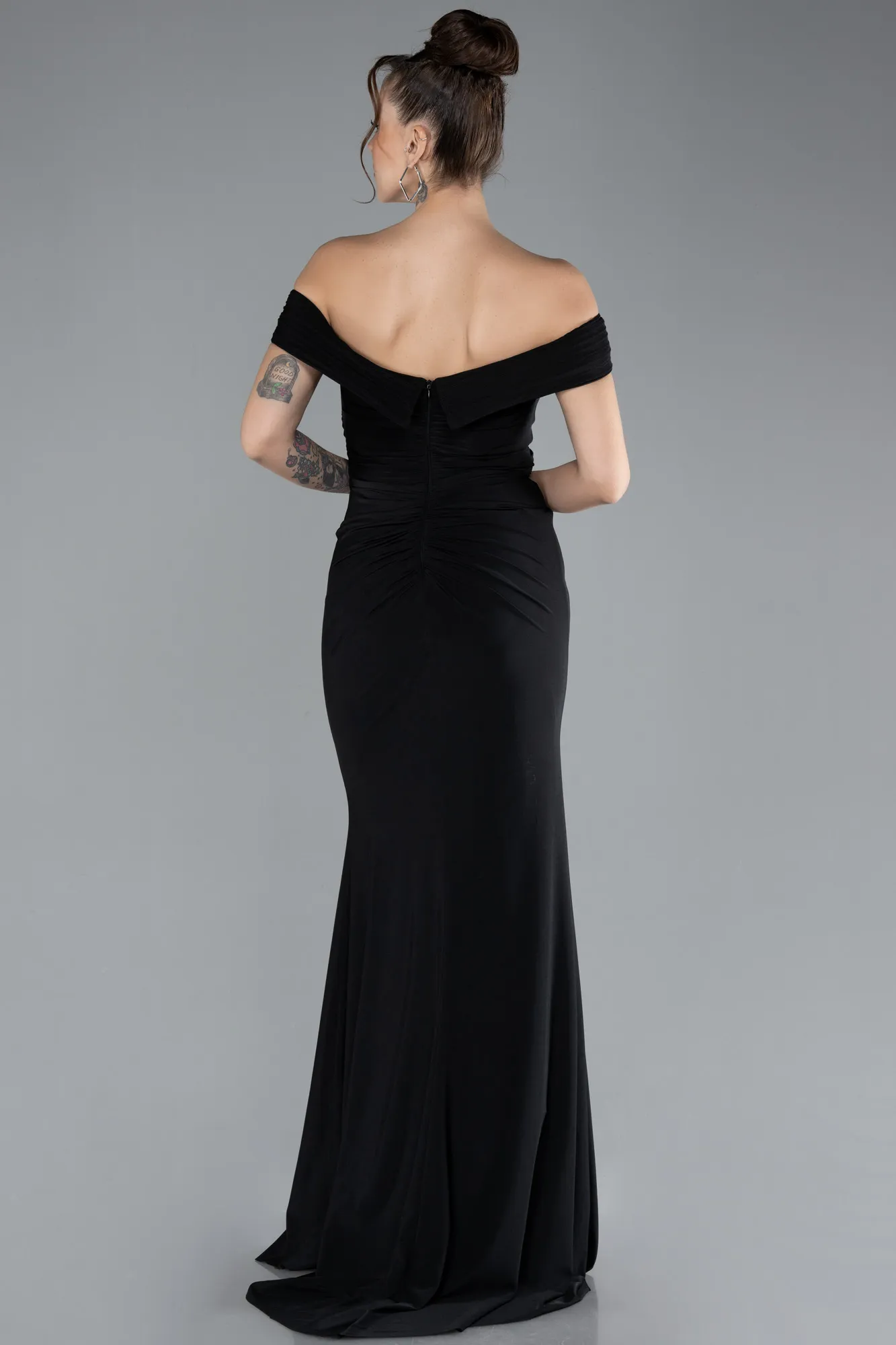 Black-Boat Neck Slit Long Evening Gown ABU4400