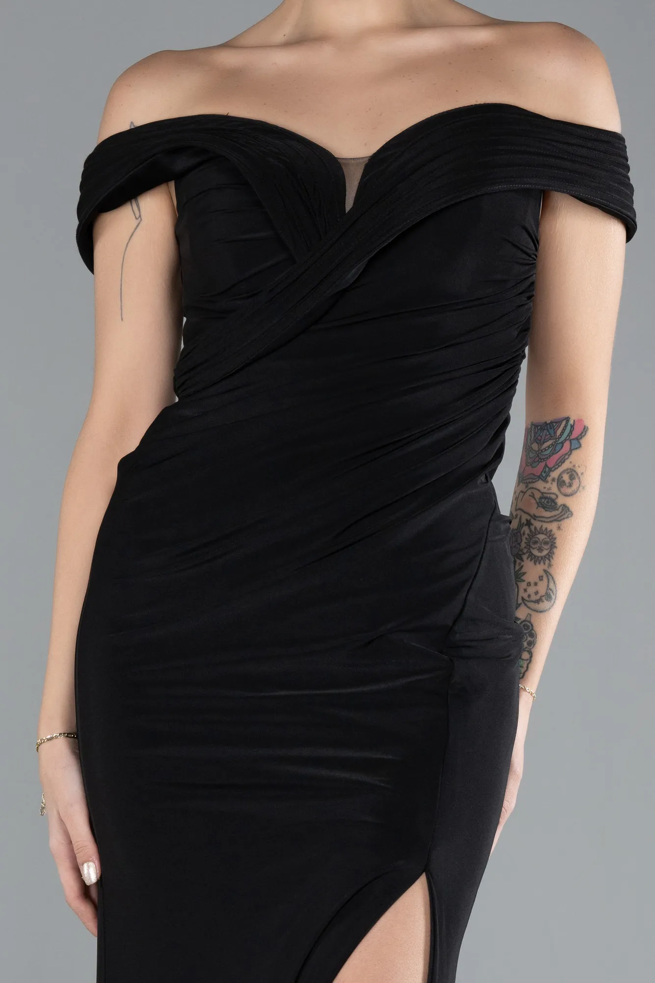 Black-Boat Neck Slit Long Evening Gown ABU4400