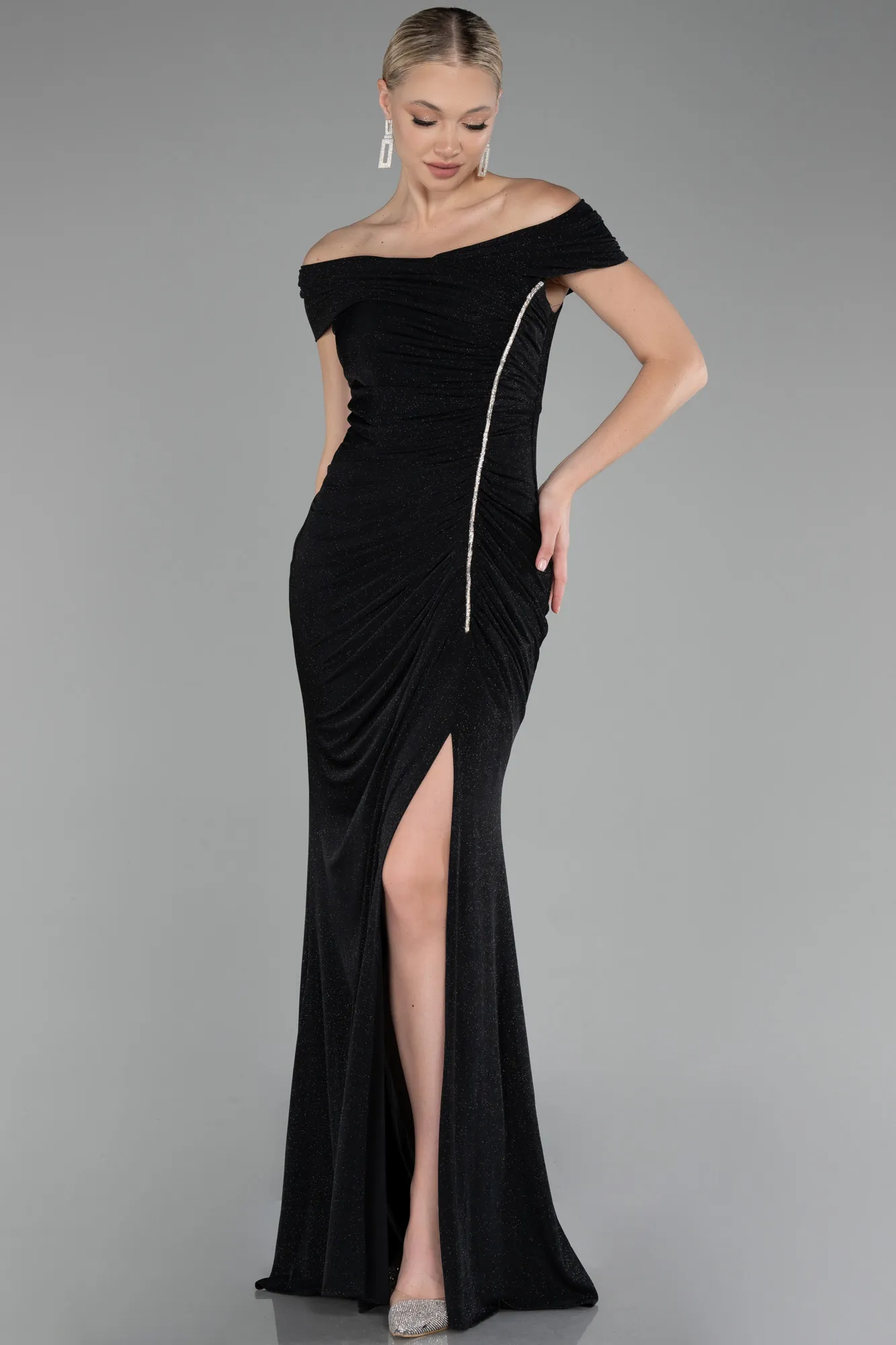 Black-Boat Neck Slit Long Glitter Evening Dress ABU4171