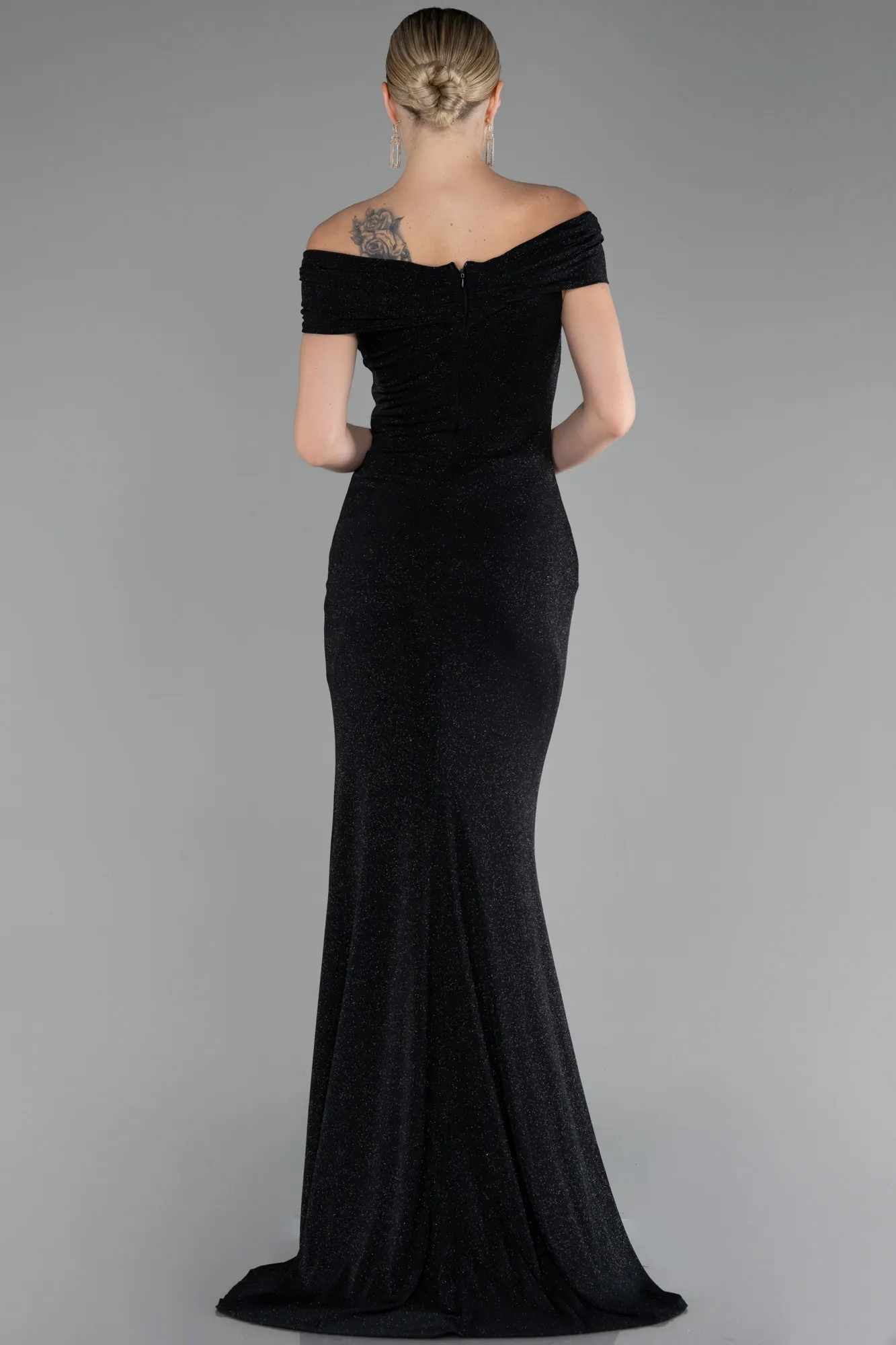 Black-Boat Neck Slit Long Glitter Evening Dress ABU4171