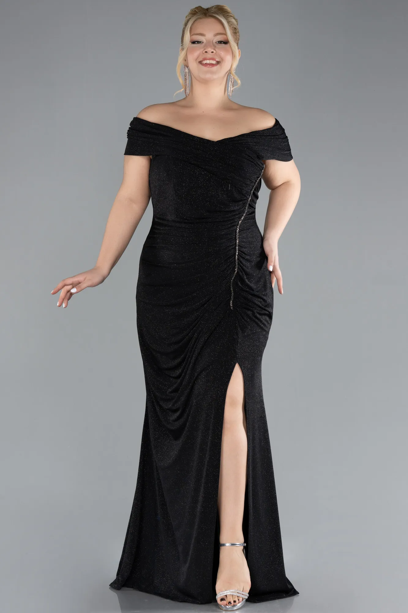 Black-Boat Neck Slit Long Glitter Plus Size Evening Dress ABU4318