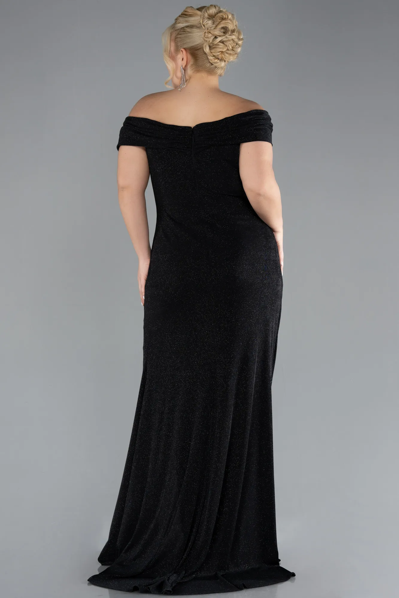 Black-Boat Neck Slit Long Glitter Plus Size Evening Dress ABU4318