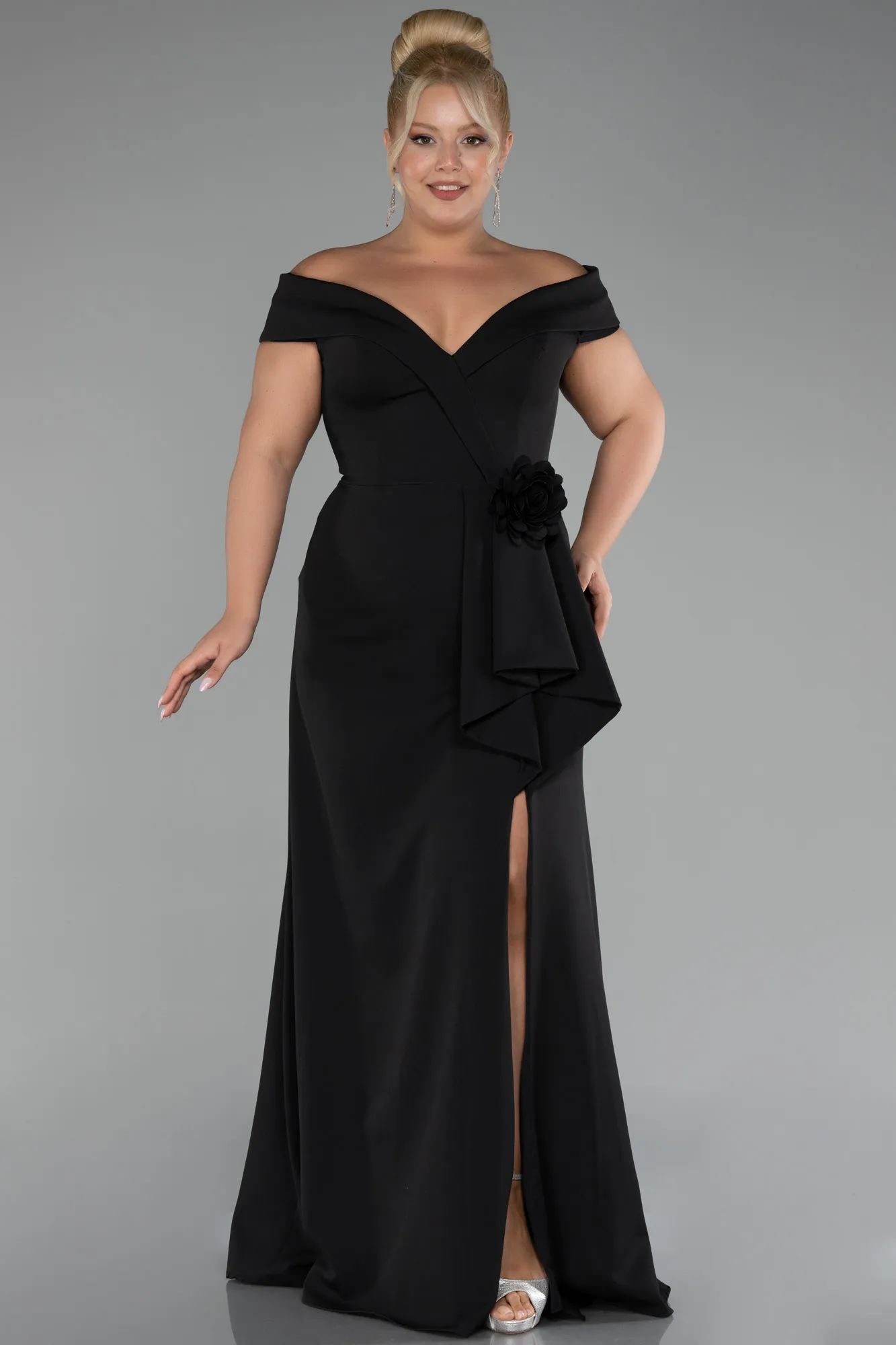 Black-Boat Neck Slit Long Plus Size Evening Dress ABU4200